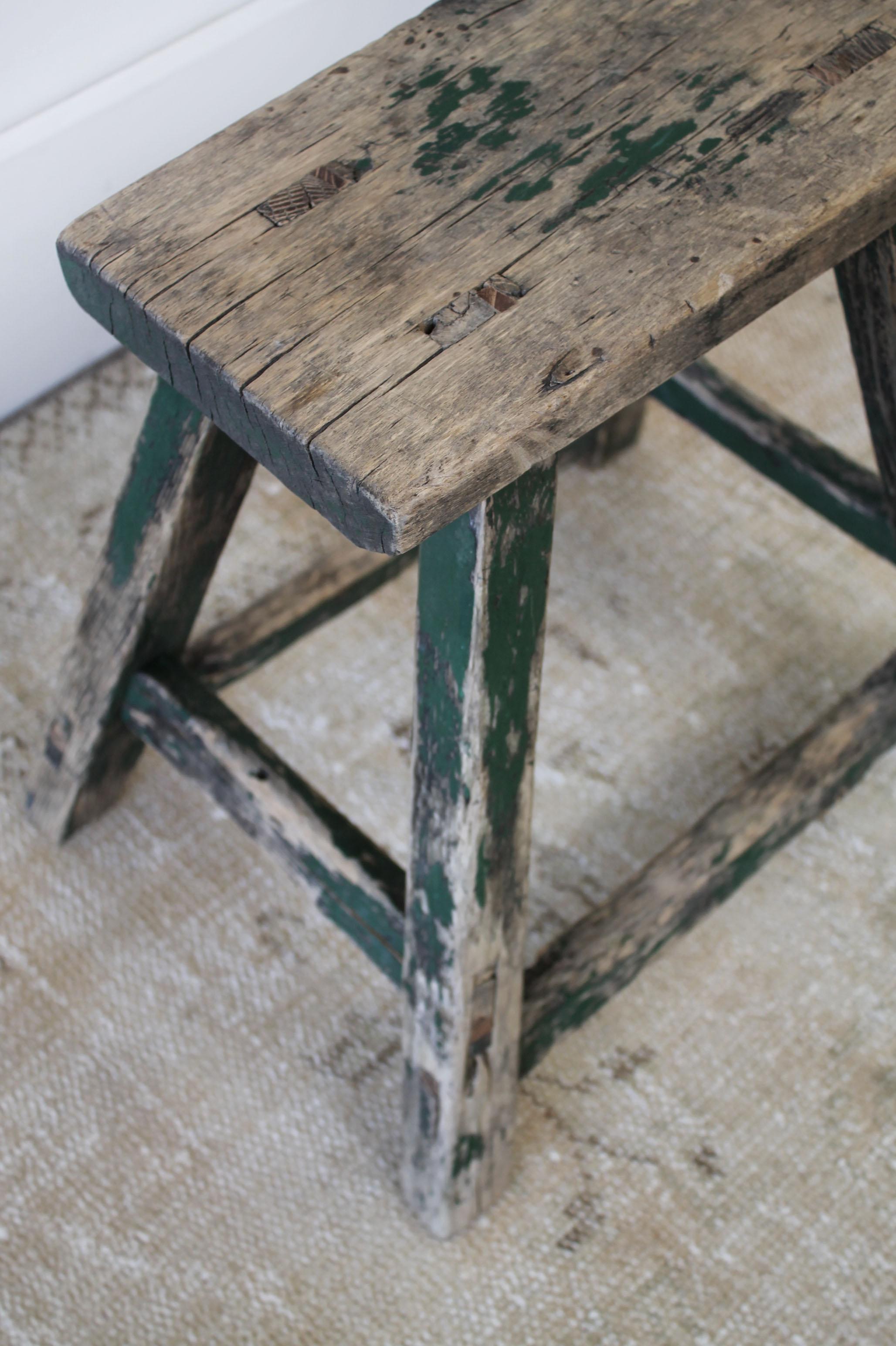 Asian Antique Elm Wood Stool with Faded Green Paint