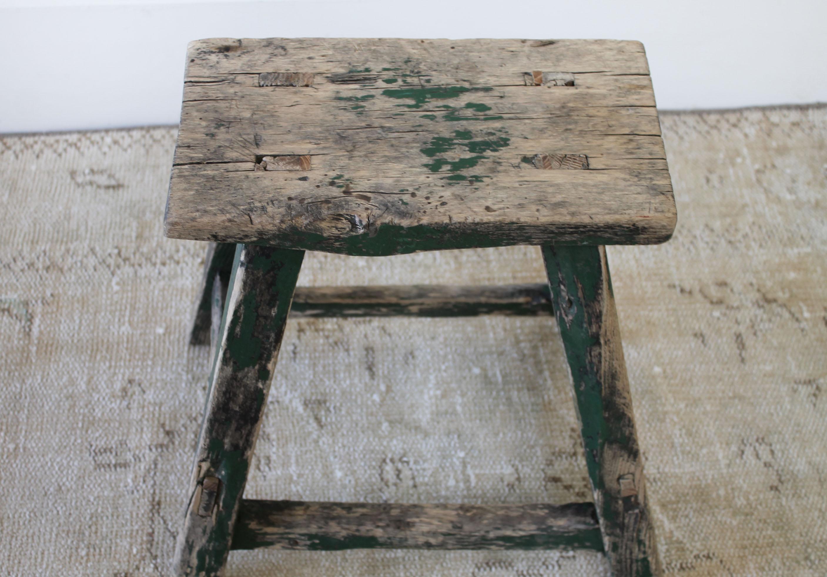 Antique Elm Wood Stool with Faded Green Paint In Good Condition In Brea, CA