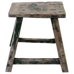 Antique Elm Wood Stool with Faded Green Paint