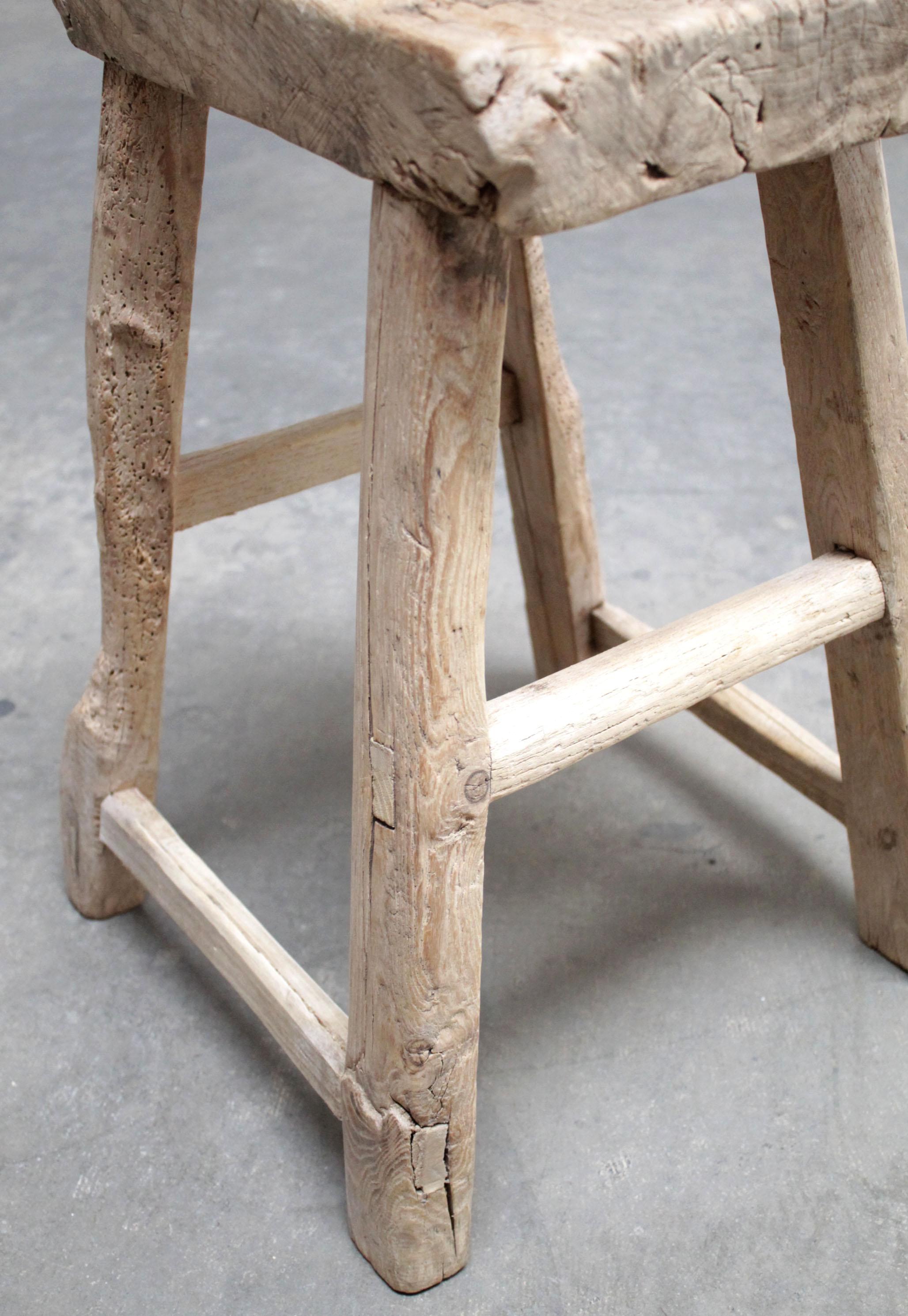 20th Century Antique Elm Wood Stool with Patina Natural Plank For Sale