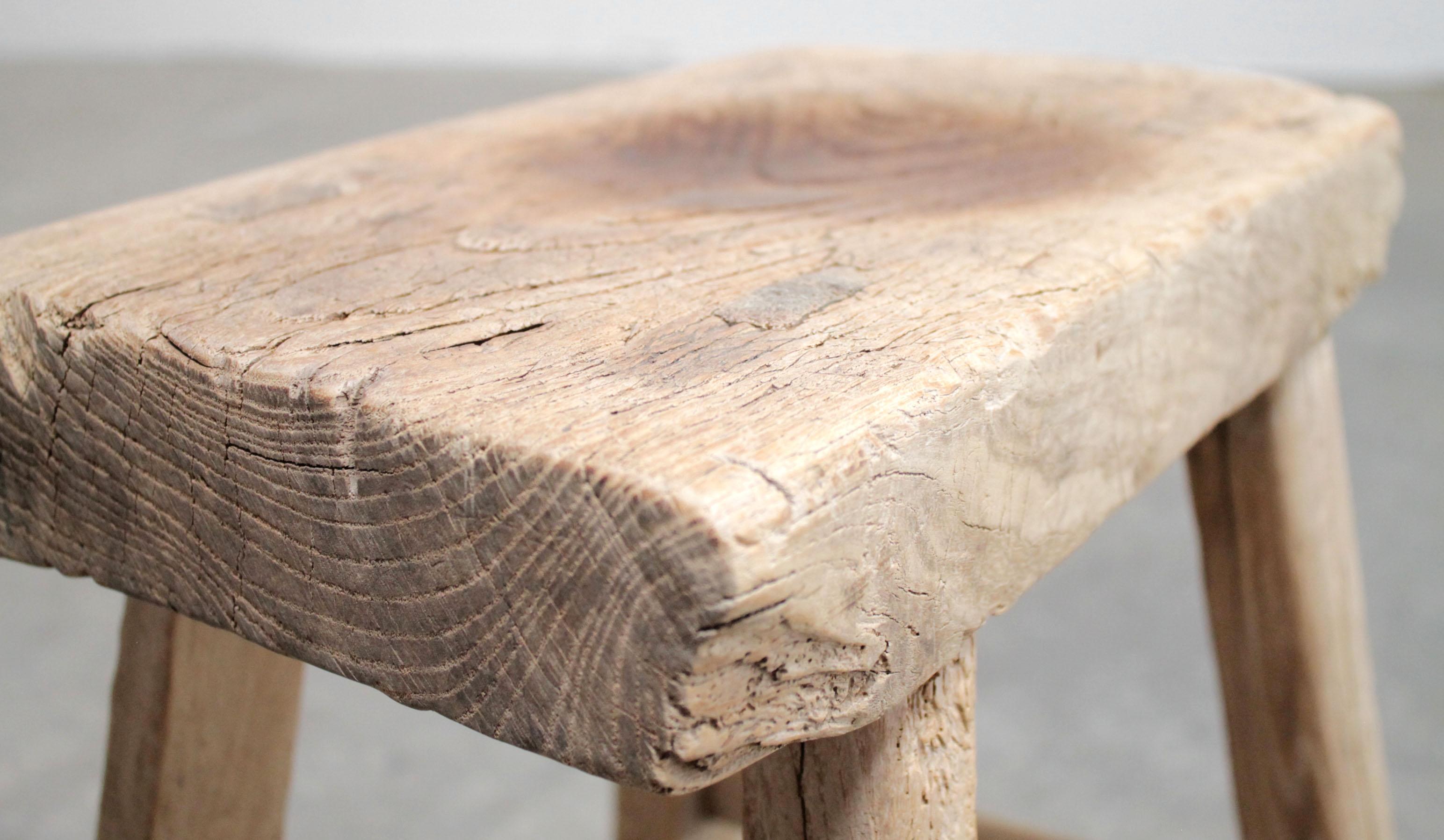 Antique Elm Wood Stool with Patina Natural Plank For Sale 1