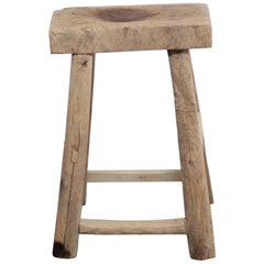 Vintage Elm Wood Stool with Patina Natural Plank