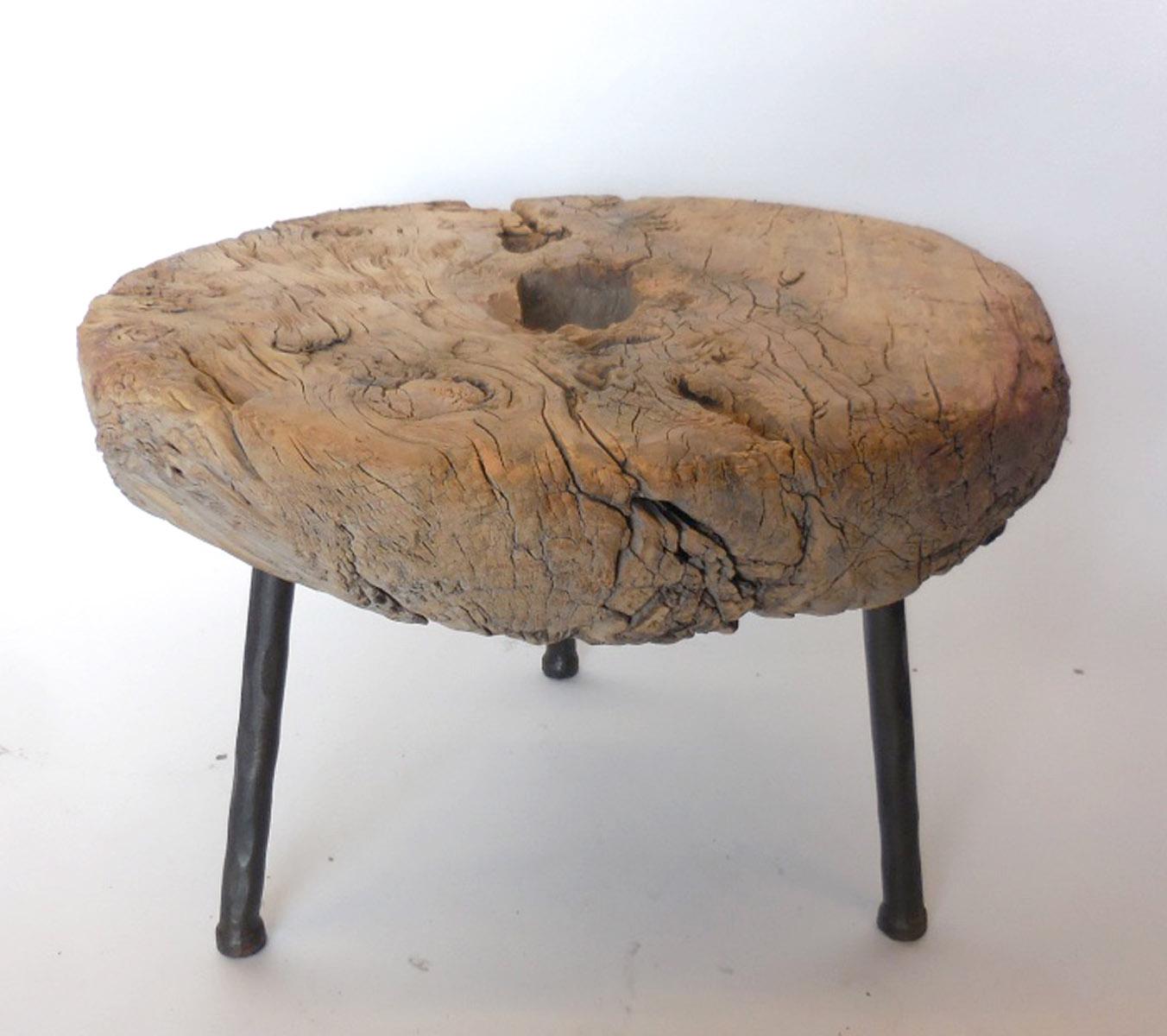 Rustic Antique Elm Wood Wheel Table on Iron Legs