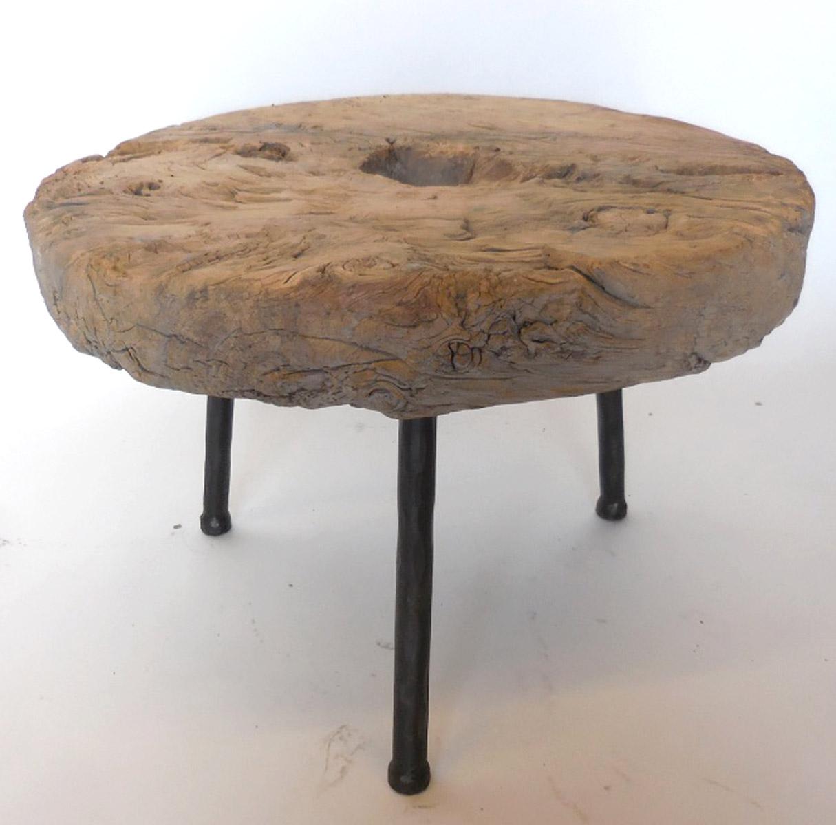 Japanese Antique Elm Wood Wheel Table on Iron Legs