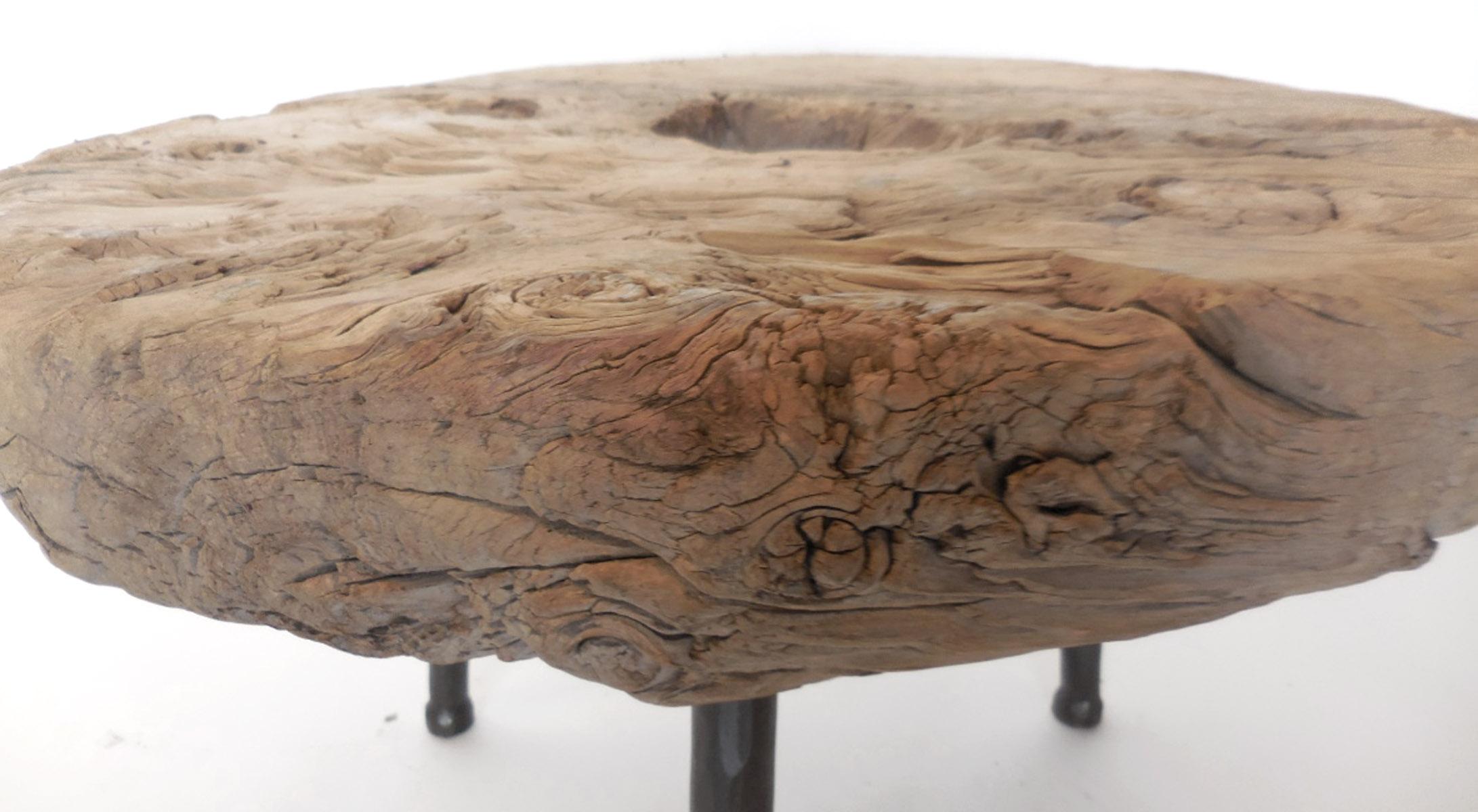 Antique Elm Wood Wheel Table on Iron Legs 1