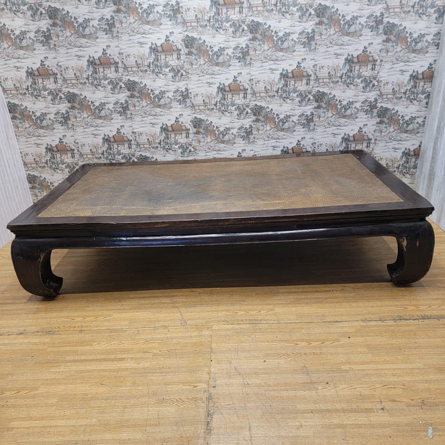 Antique Elm Woven Rattan Top Opium Bed Coffee Table For Sale 3