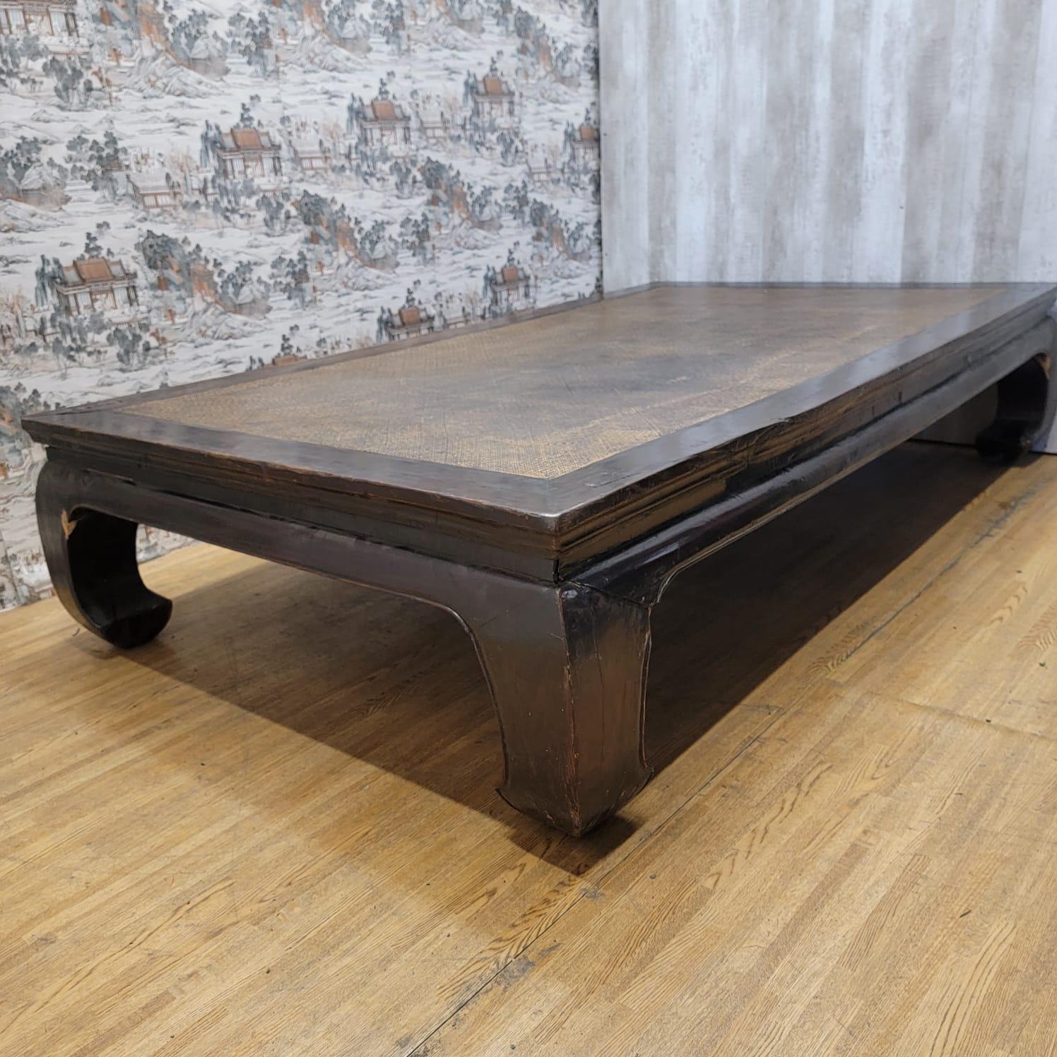 Antique Elm Woven Rattan Top Opium Bed Coffee Table For Sale 2