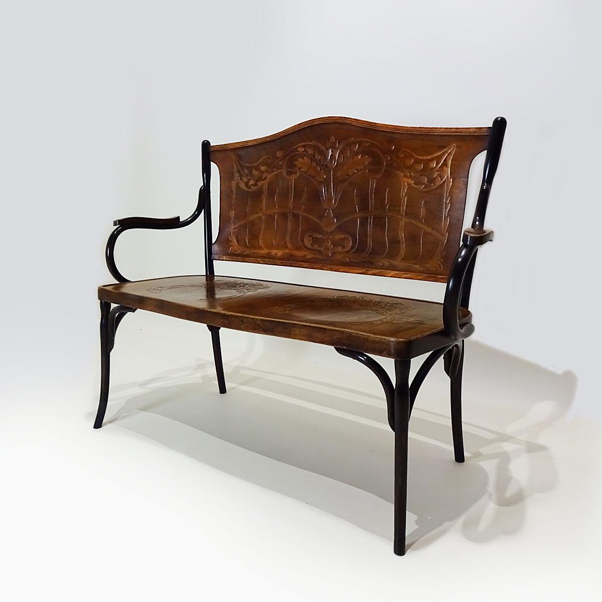 Vienna Secession Antique Embossed Bentwood Bench Attributed to Jacob and Josef Kohn