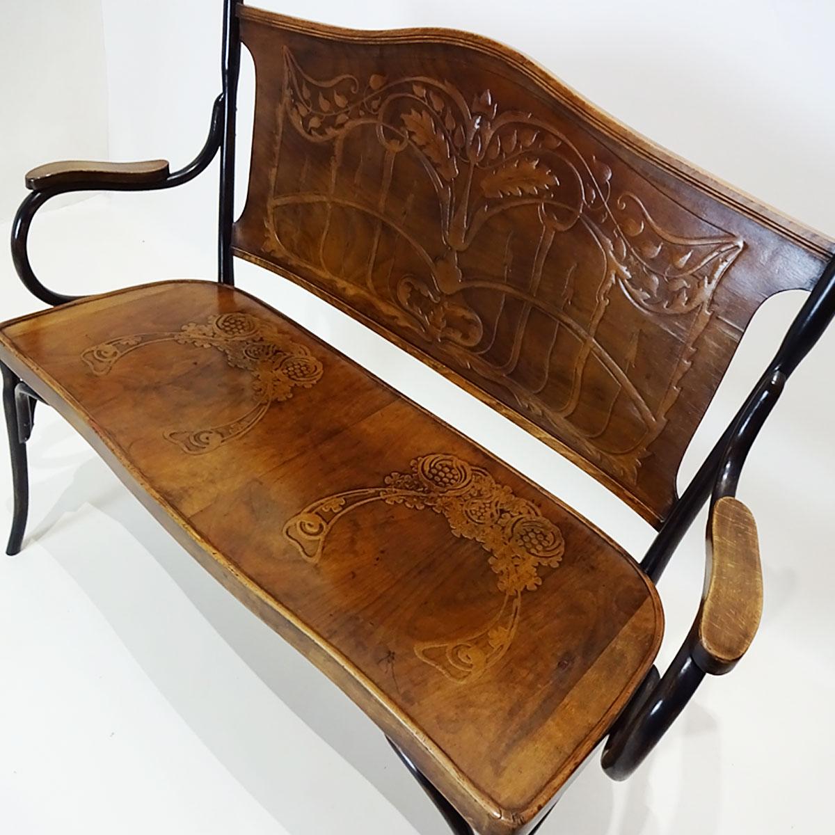 Austrian Antique Embossed Bentwood Bench Attributed to Jacob and Josef Kohn