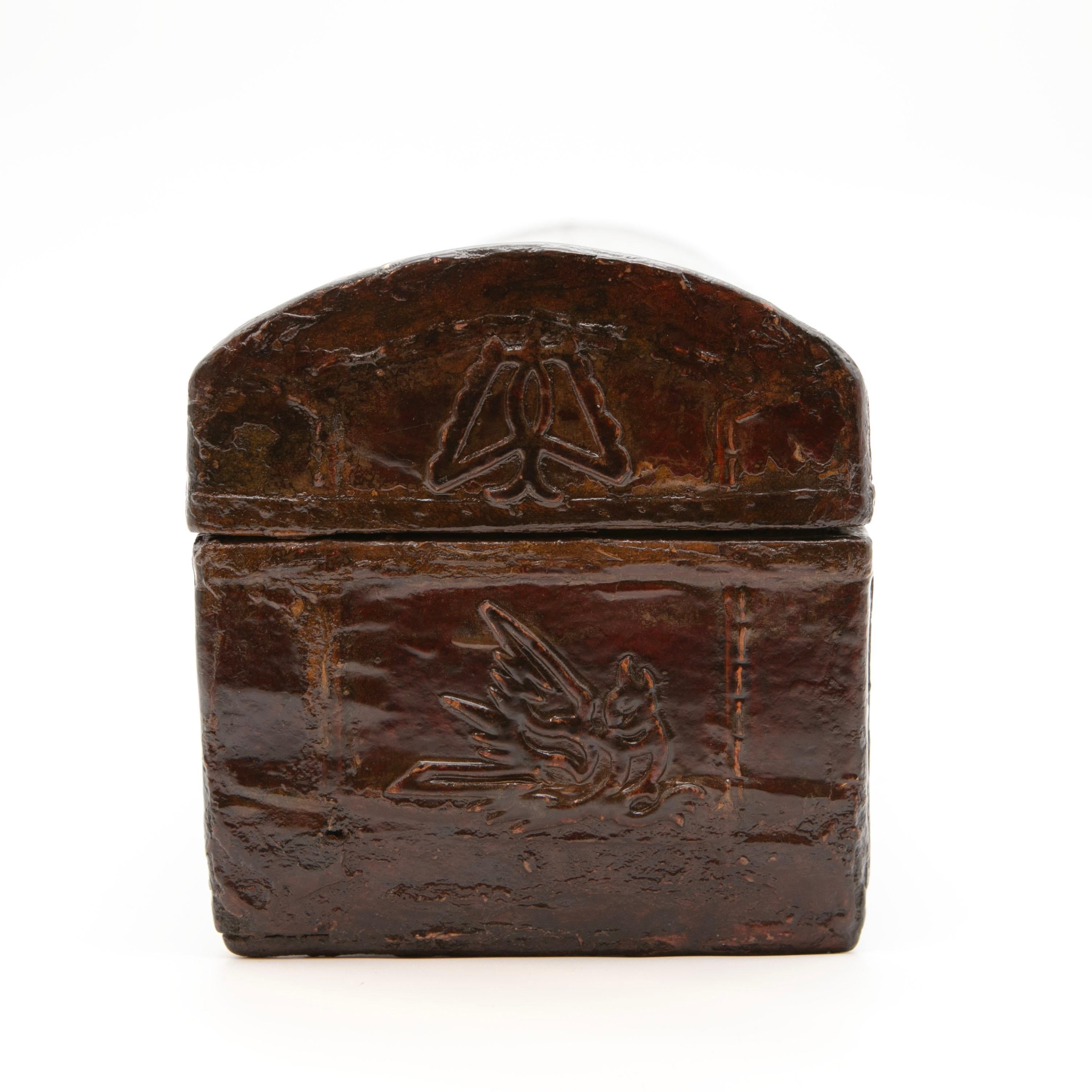 Lacquered Decorative Embossed Chinese Pillow Chest / Box with Leather Cover For Sale