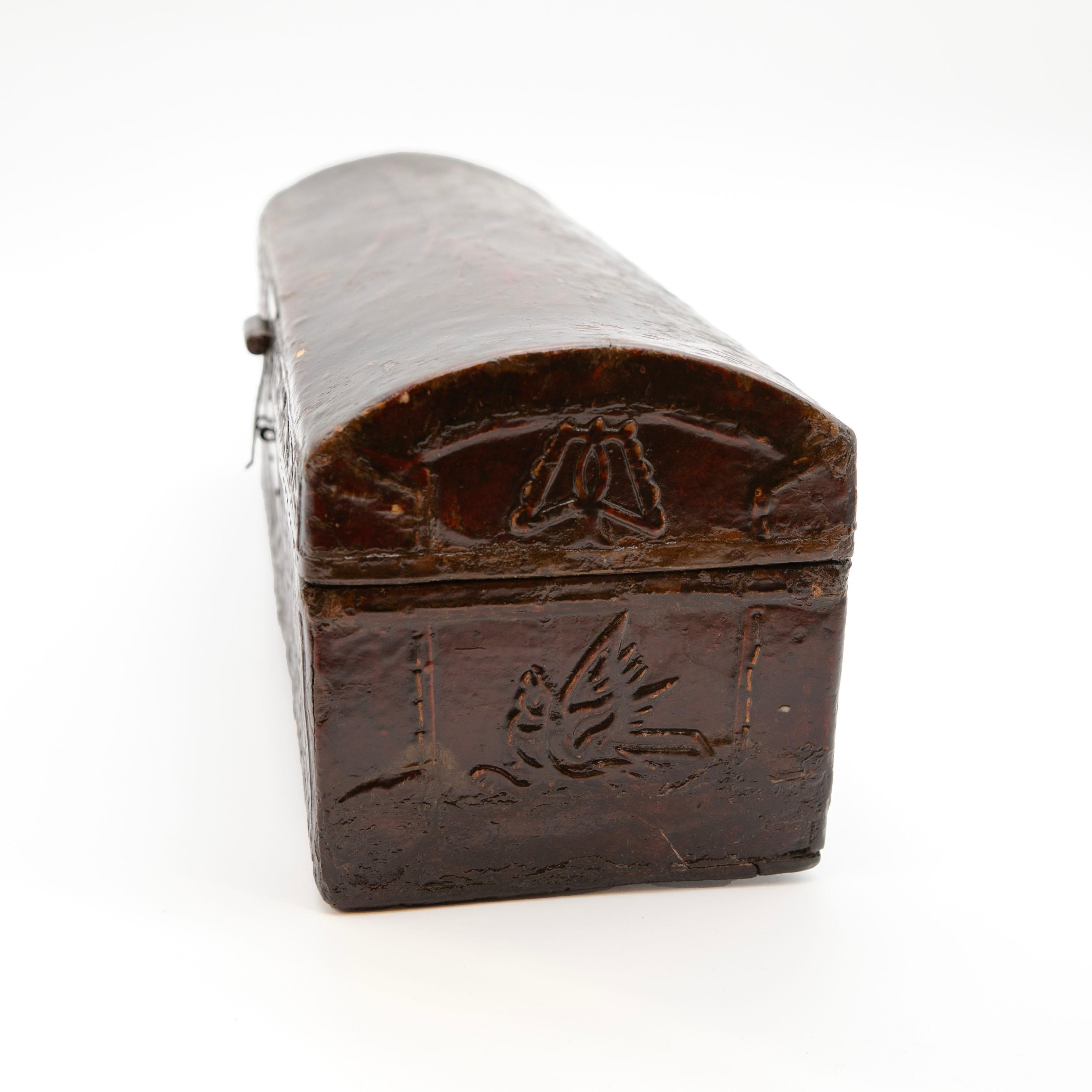 20th Century Decorative Embossed Chinese Pillow Chest / Box with Leather Cover For Sale