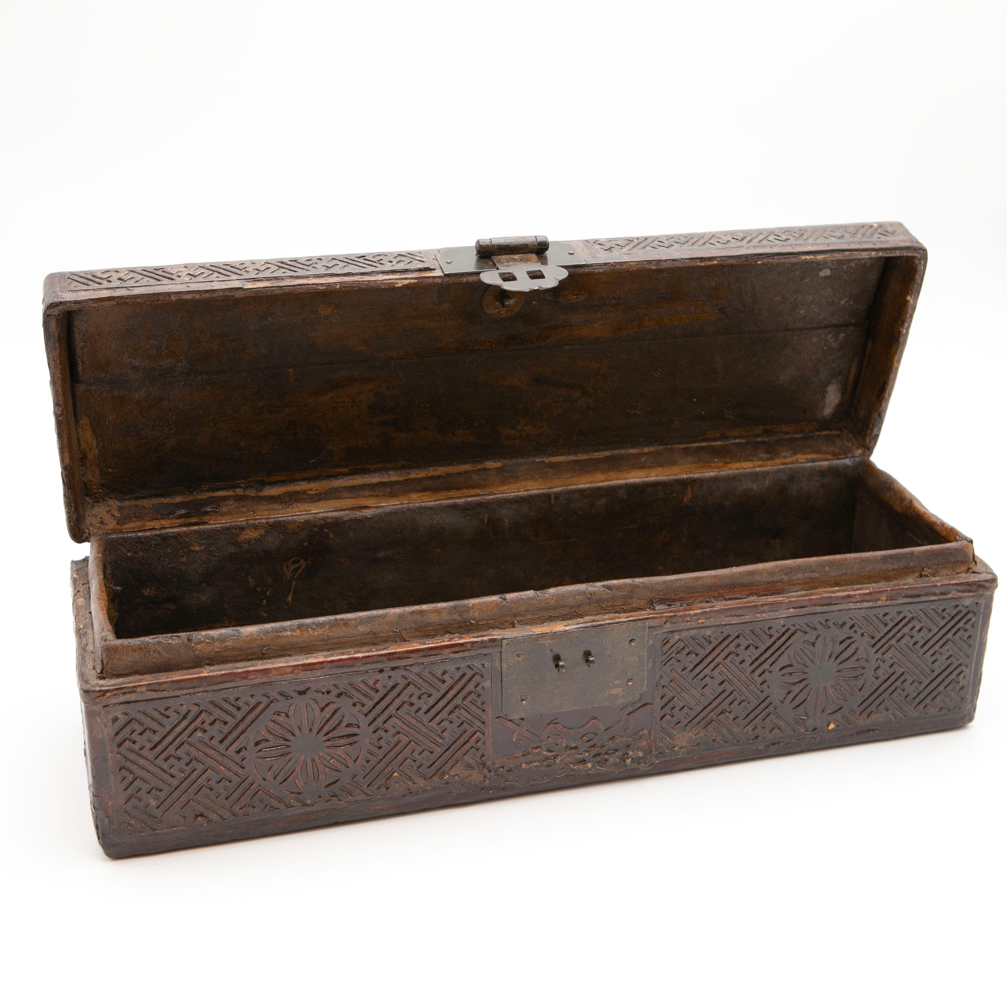Metal Decorative Embossed Chinese Pillow Chest / Box with Leather Cover For Sale
