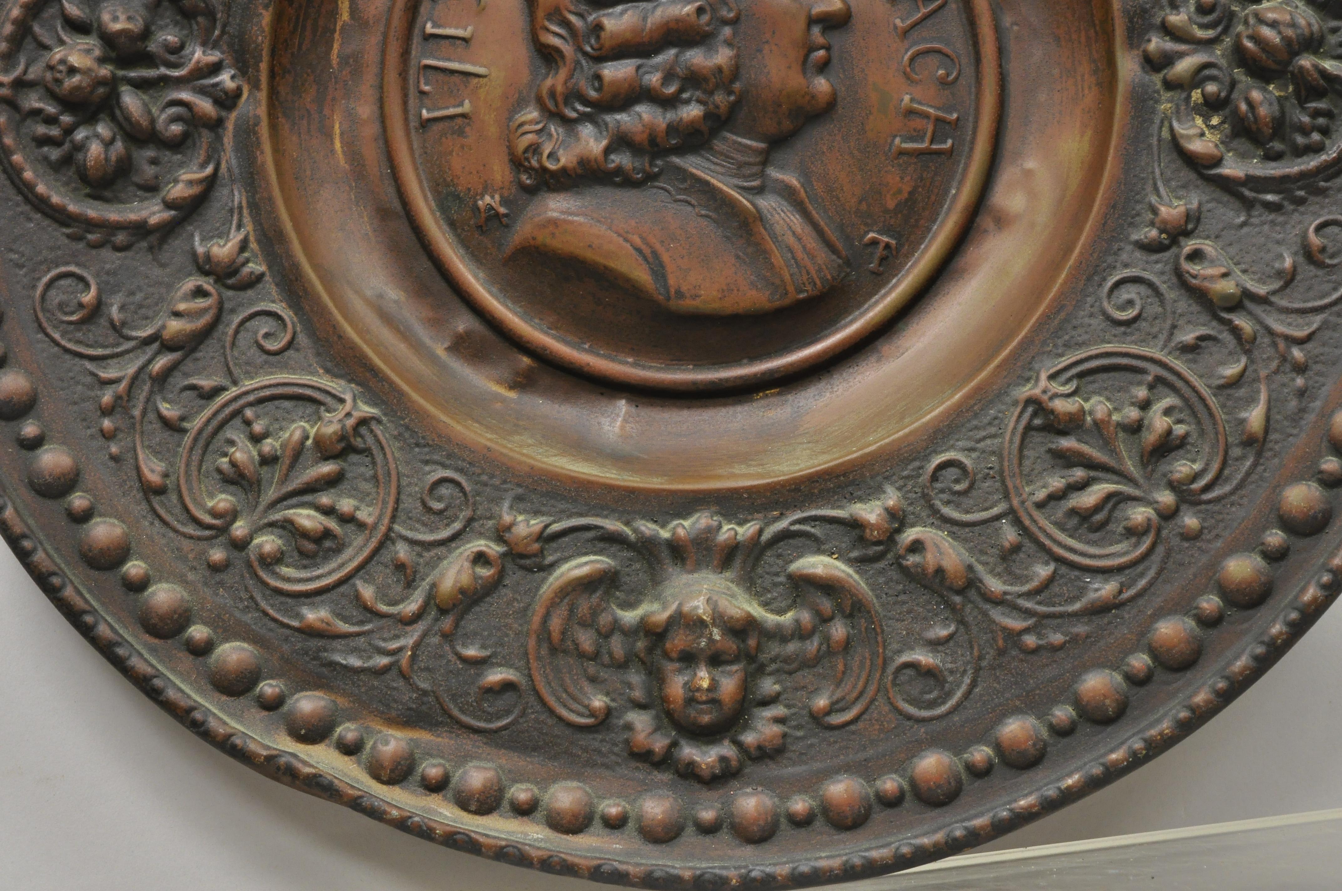Antique Embossed Copper Neoclassical Bach and Haendel Charger Plates, a Pair For Sale 3