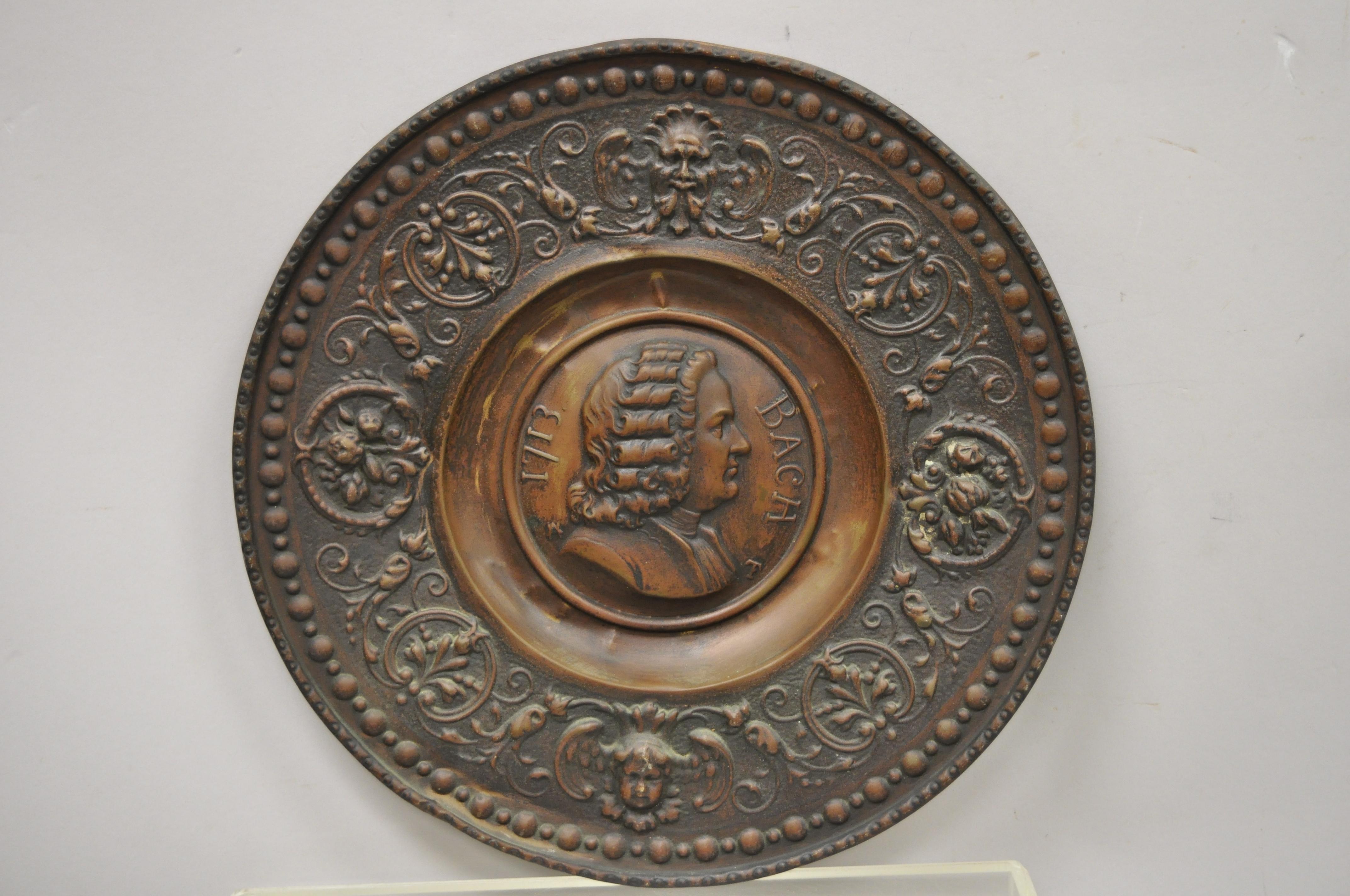 English Antique Embossed Copper Neoclassical Bach and Haendel Charger Plates, a Pair For Sale