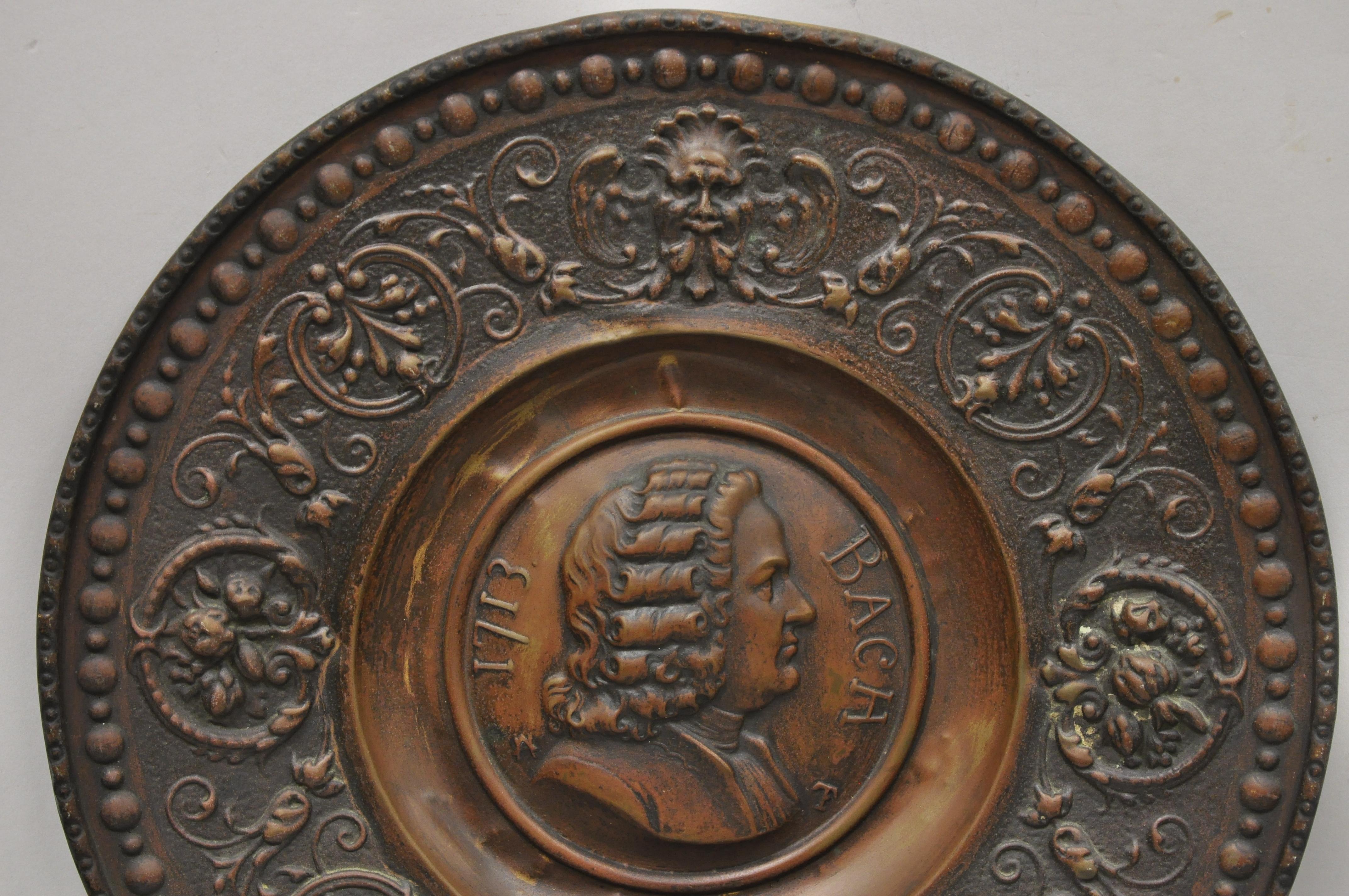 Antique Embossed Copper Neoclassical Bach and Haendel Charger Plates, a Pair In Good Condition For Sale In Philadelphia, PA