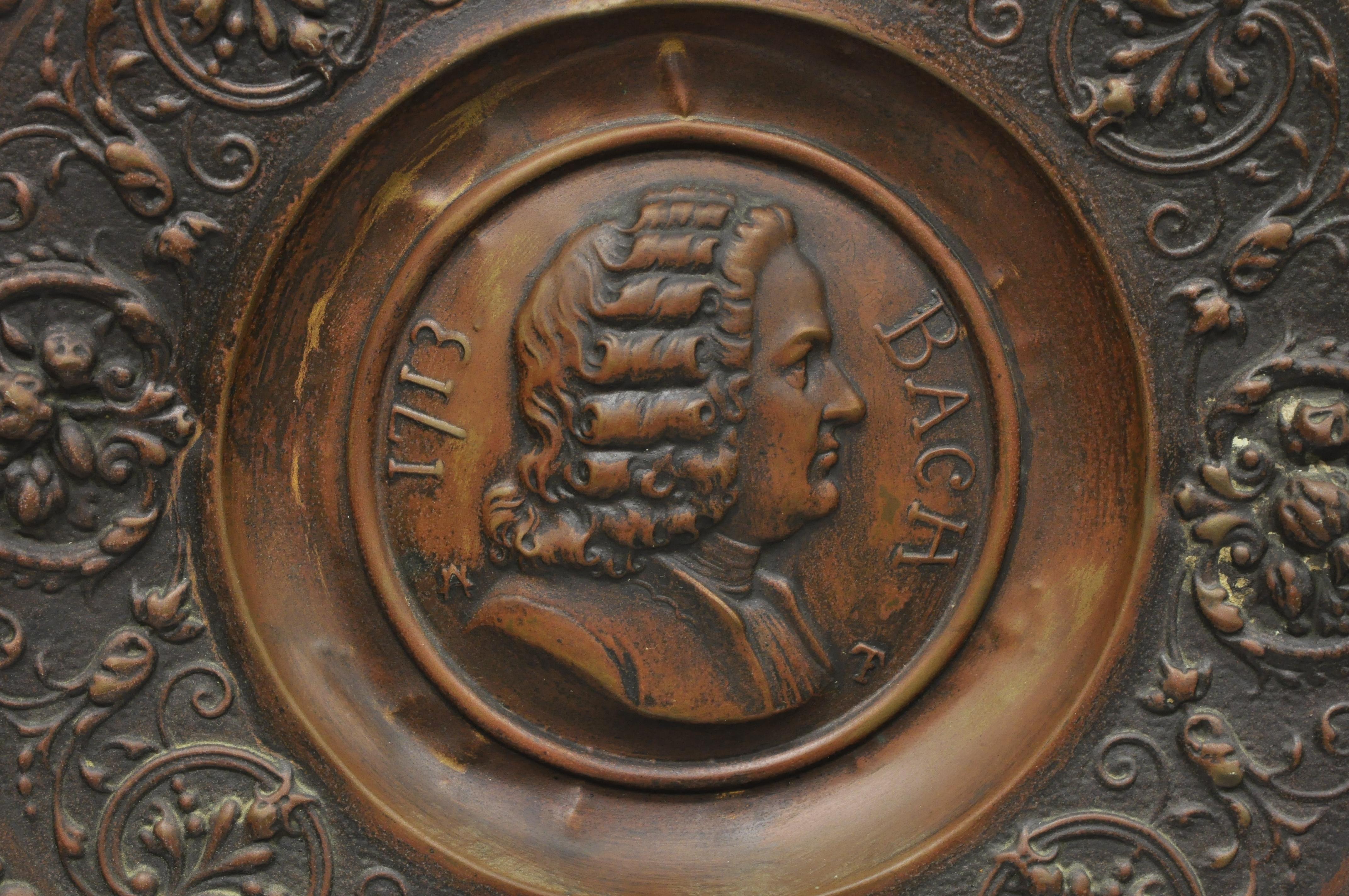 20th Century Antique Embossed Copper Neoclassical Bach and Haendel Charger Plates, a Pair For Sale