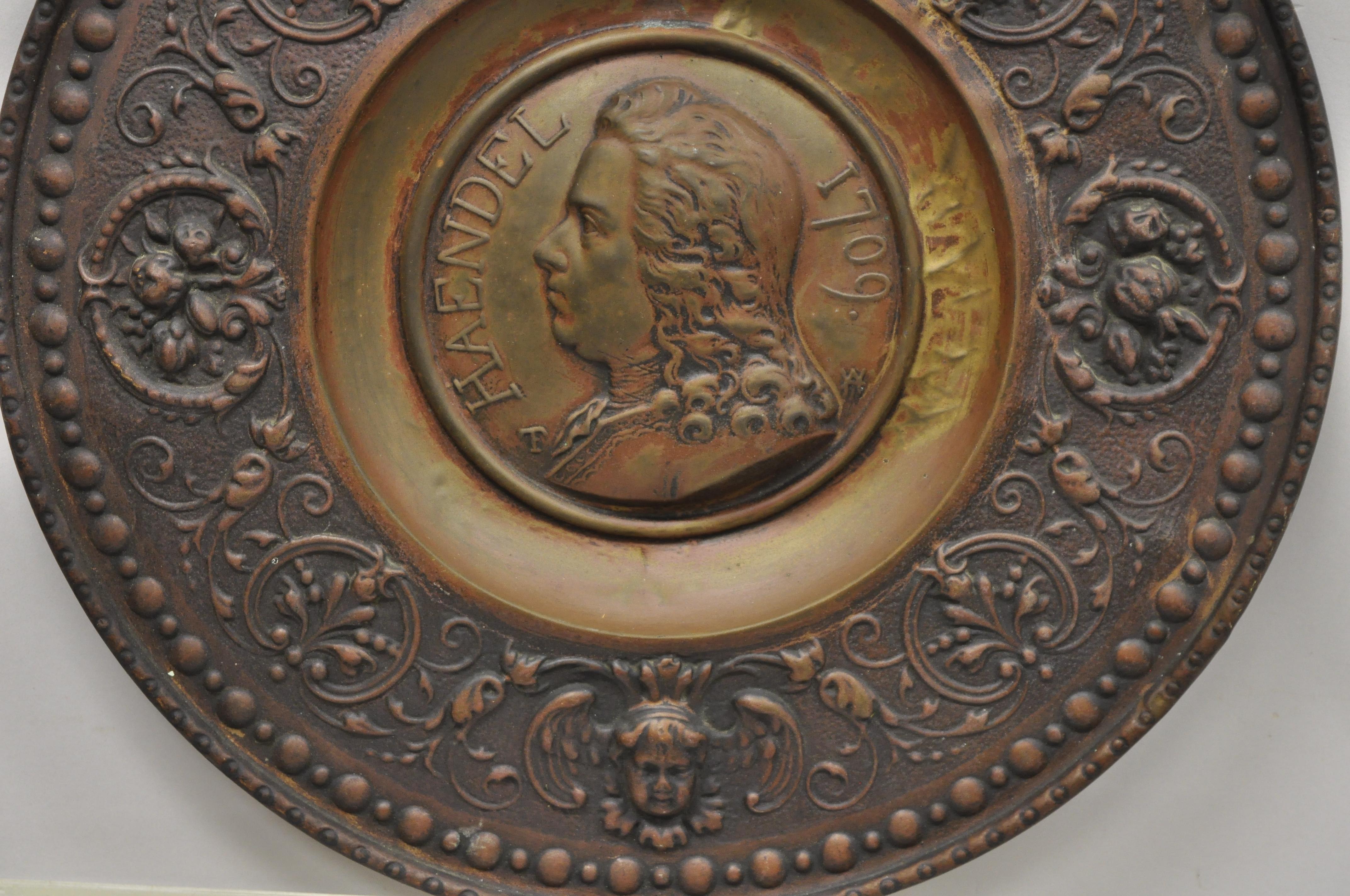 Antique Embossed Copper Neoclassical Bach and Haendel Charger Plates, a Pair For Sale 2