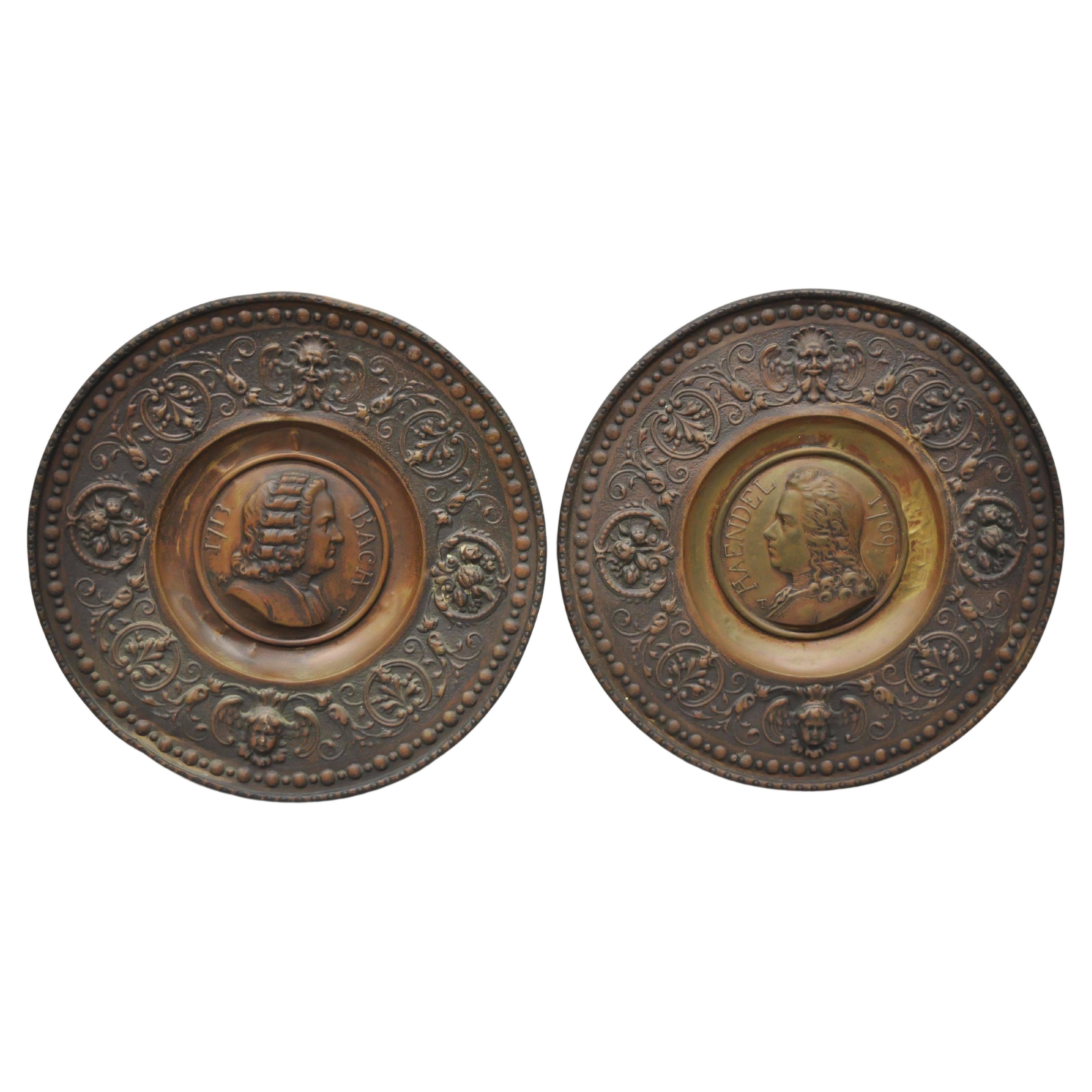 Antique Embossed Copper Neoclassical Bach and Haendel Charger Plates, a Pair For Sale