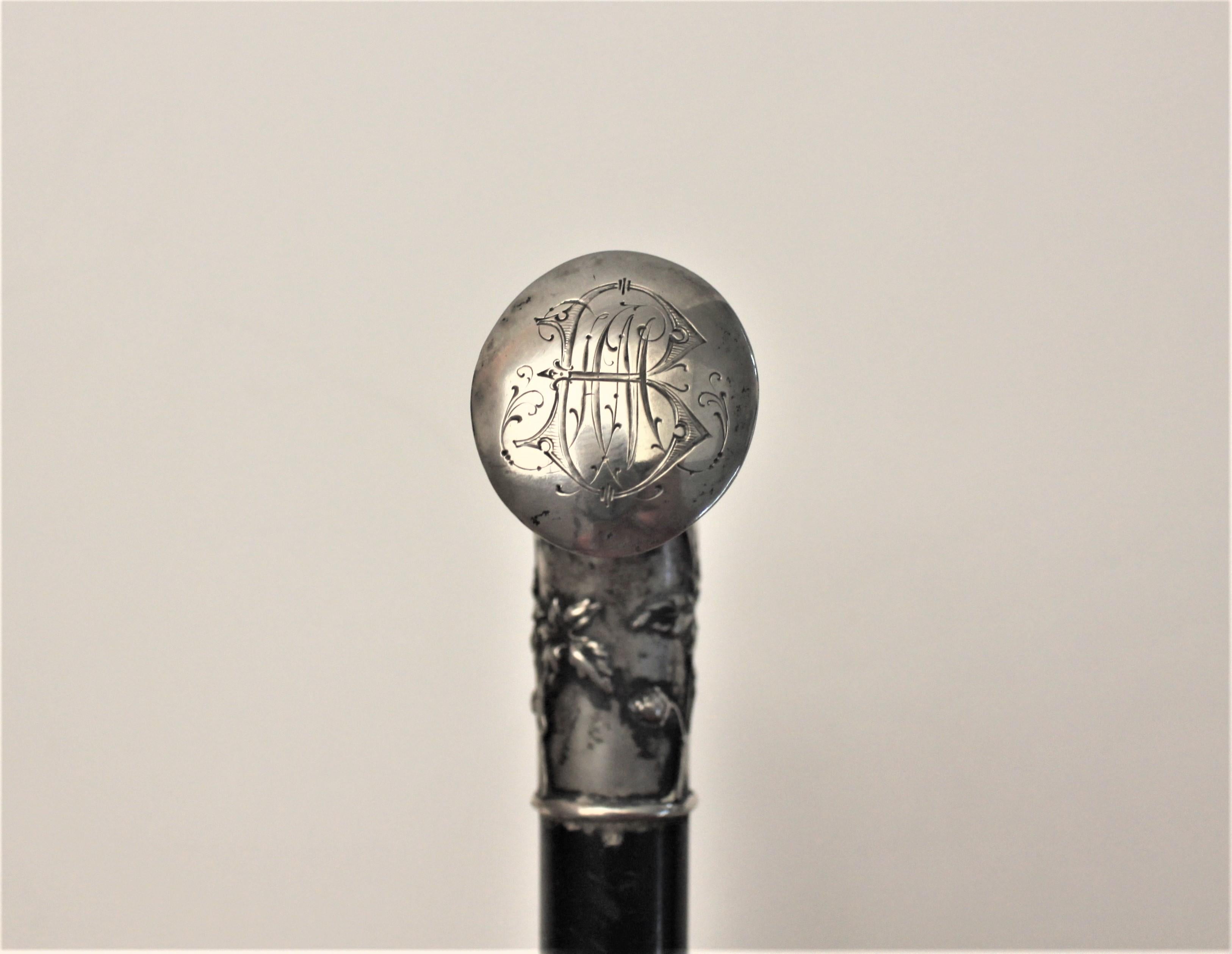 Victorian Antique Embossed and Engraved Sterling Handled Cane or Walking Stick