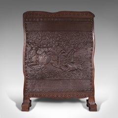 Antique Embossed Fire Screen, Oak, Leather, Fireside, Arts & Crafts, Edwardian