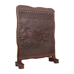 Antique Embossed Fire Screen, Oak, Leather, Fireside, Arts & Crafts, Edwardian