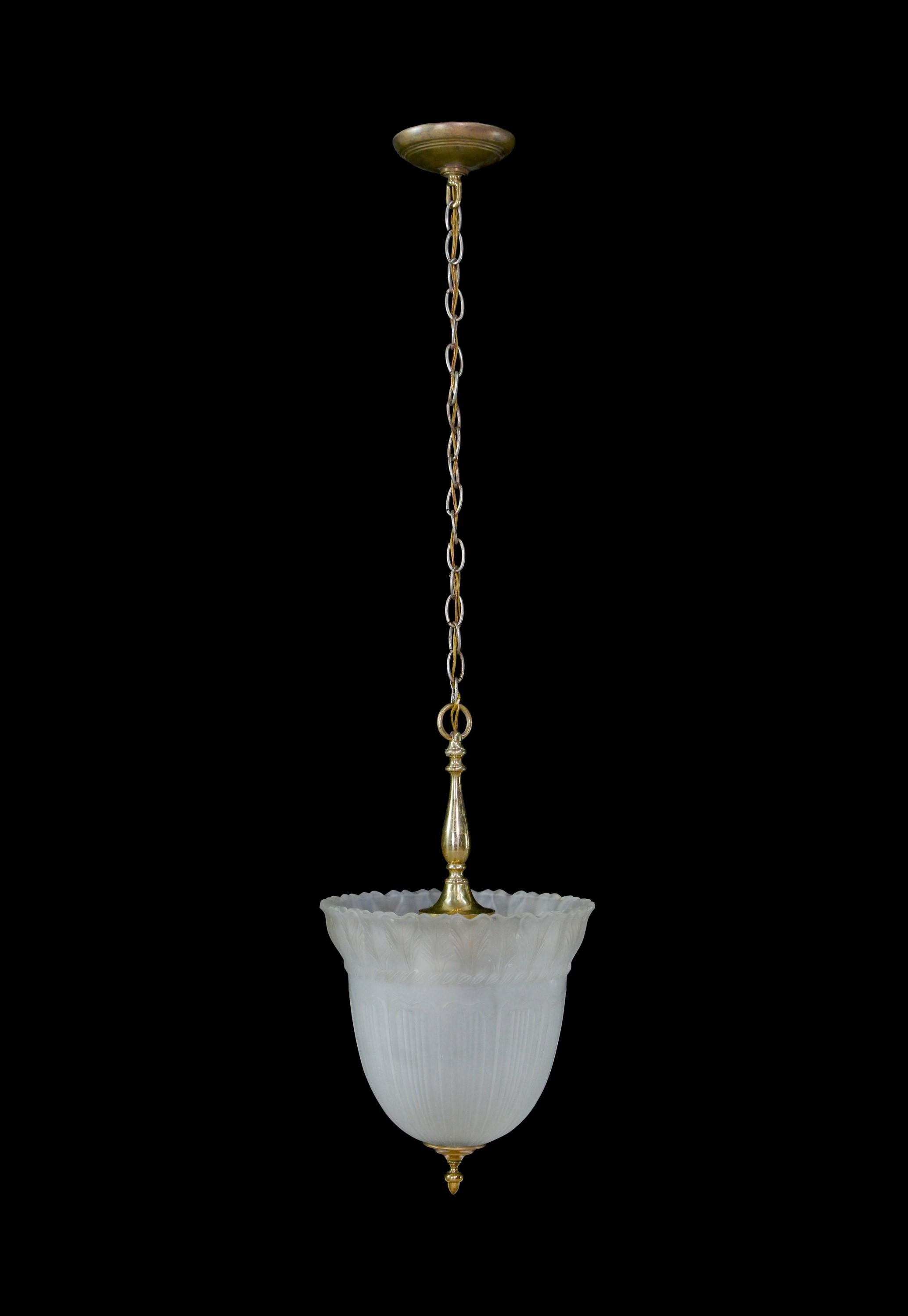 1890s antique embossed frosted glass shade mated to solid brass lighting hardware. Three medium base socket hub in center. Due to age minor staining on glass. Please see photos. Excellent choice for a vestibule or foyer. This can be seen at our 400