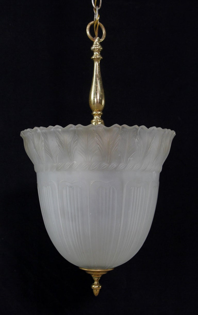 Antique Embossed Frosted Cast Glass Pendant Light Brass Hardware ...
