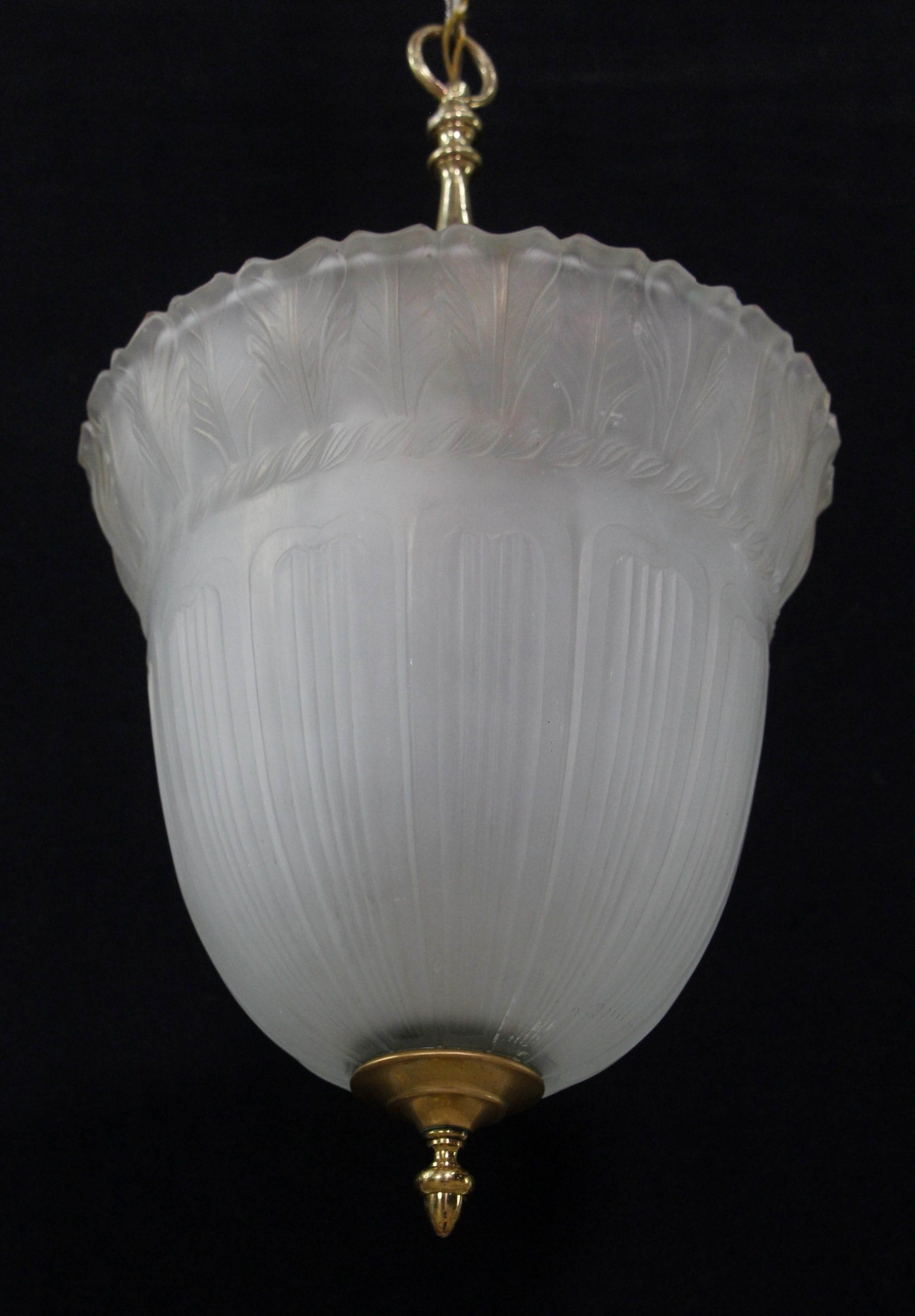 Antique Embossed Frosted Cast Glass Pendant Light Brass Hardware Vestibule Foyer In Good Condition In New York, NY