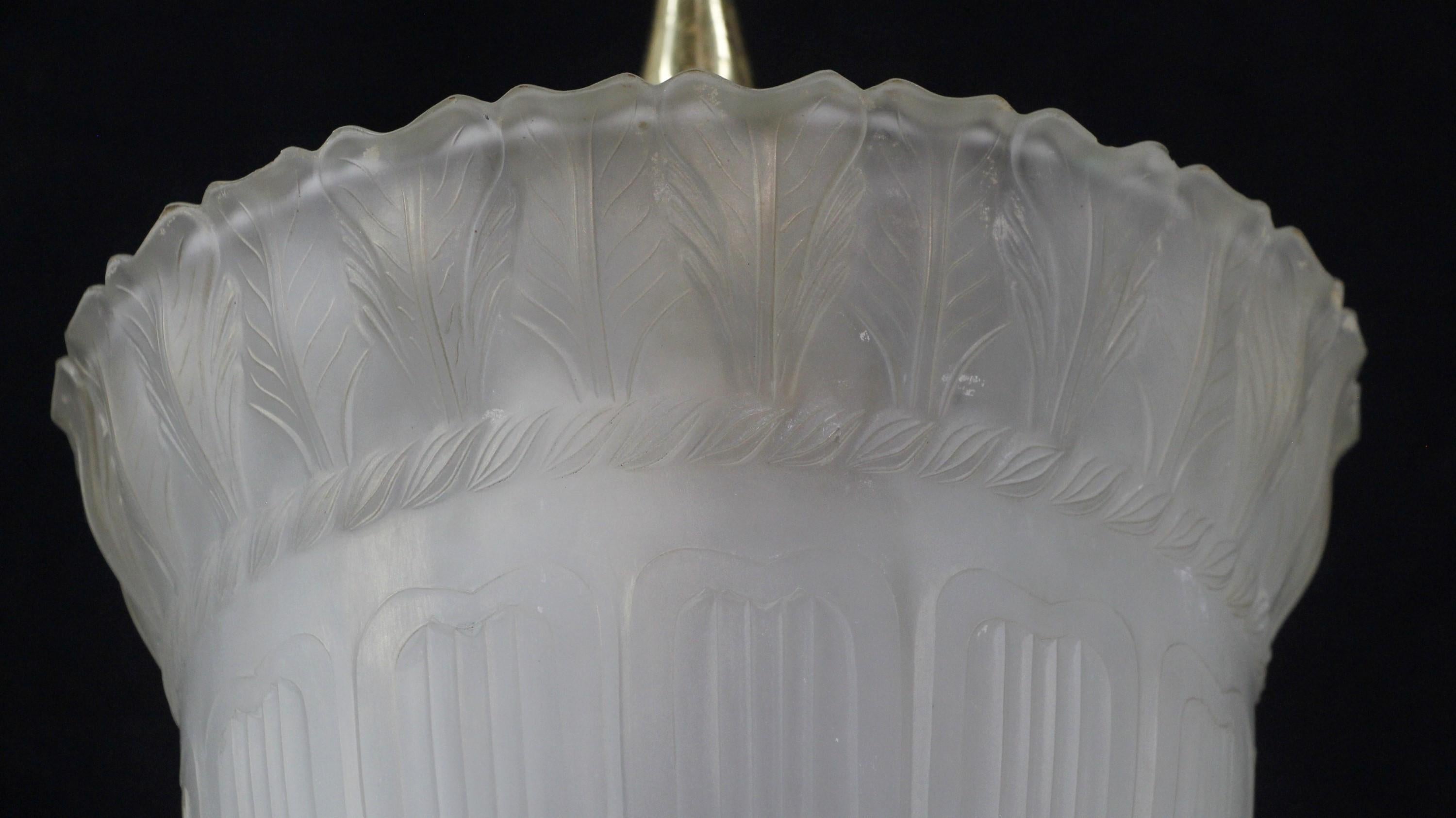 Late 19th Century Antique Embossed Frosted Cast Glass Pendant Light Brass Hardware Vestibule Foyer