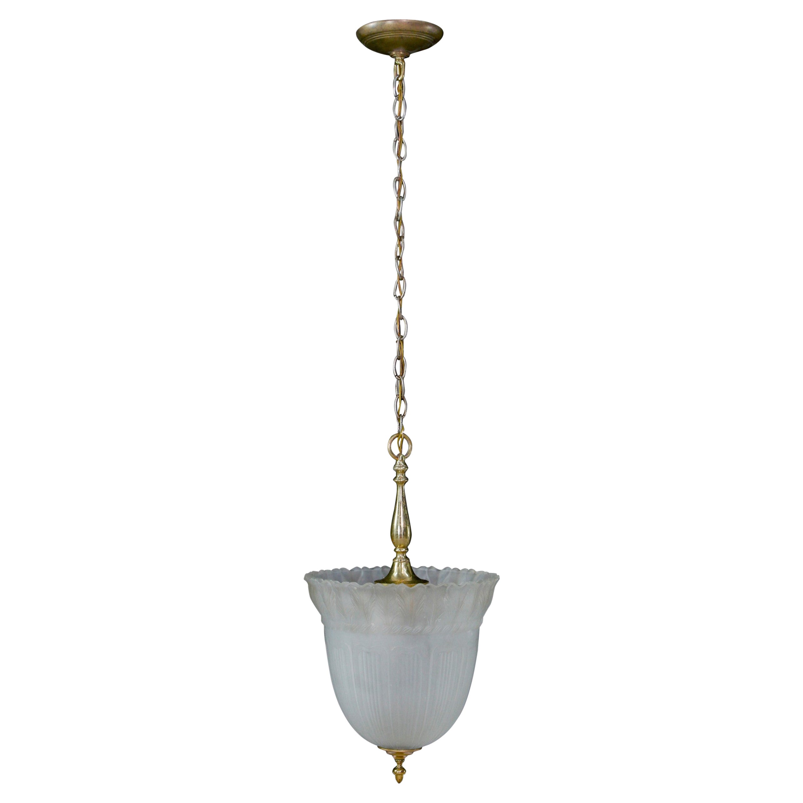 Antique Embossed Frosted Cast Glass Pendant Light Brass Hardware Vestibule Foyer