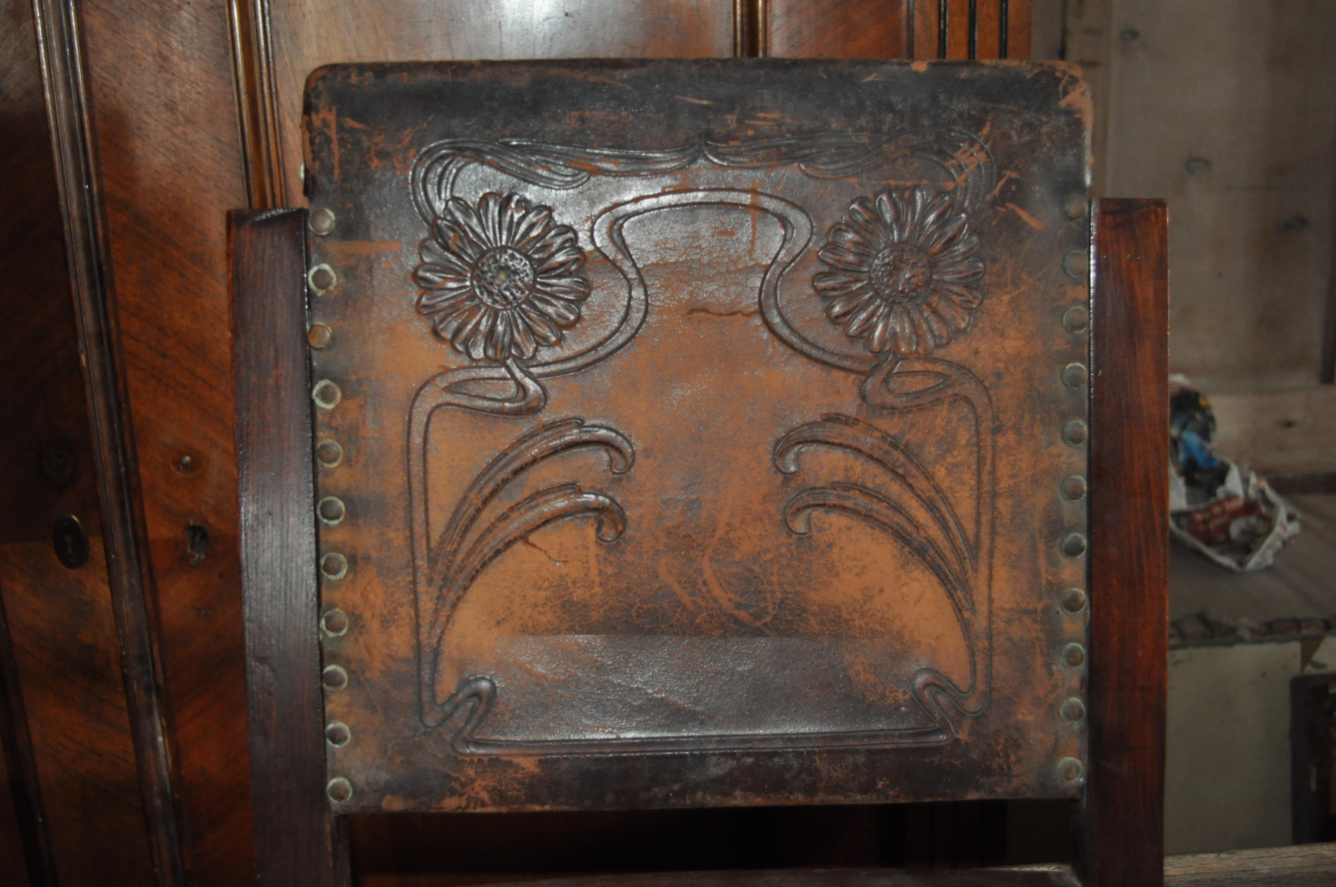 Antique Embossed Leather Dining Chairs, Pair, circa 1900 For Sale 3
