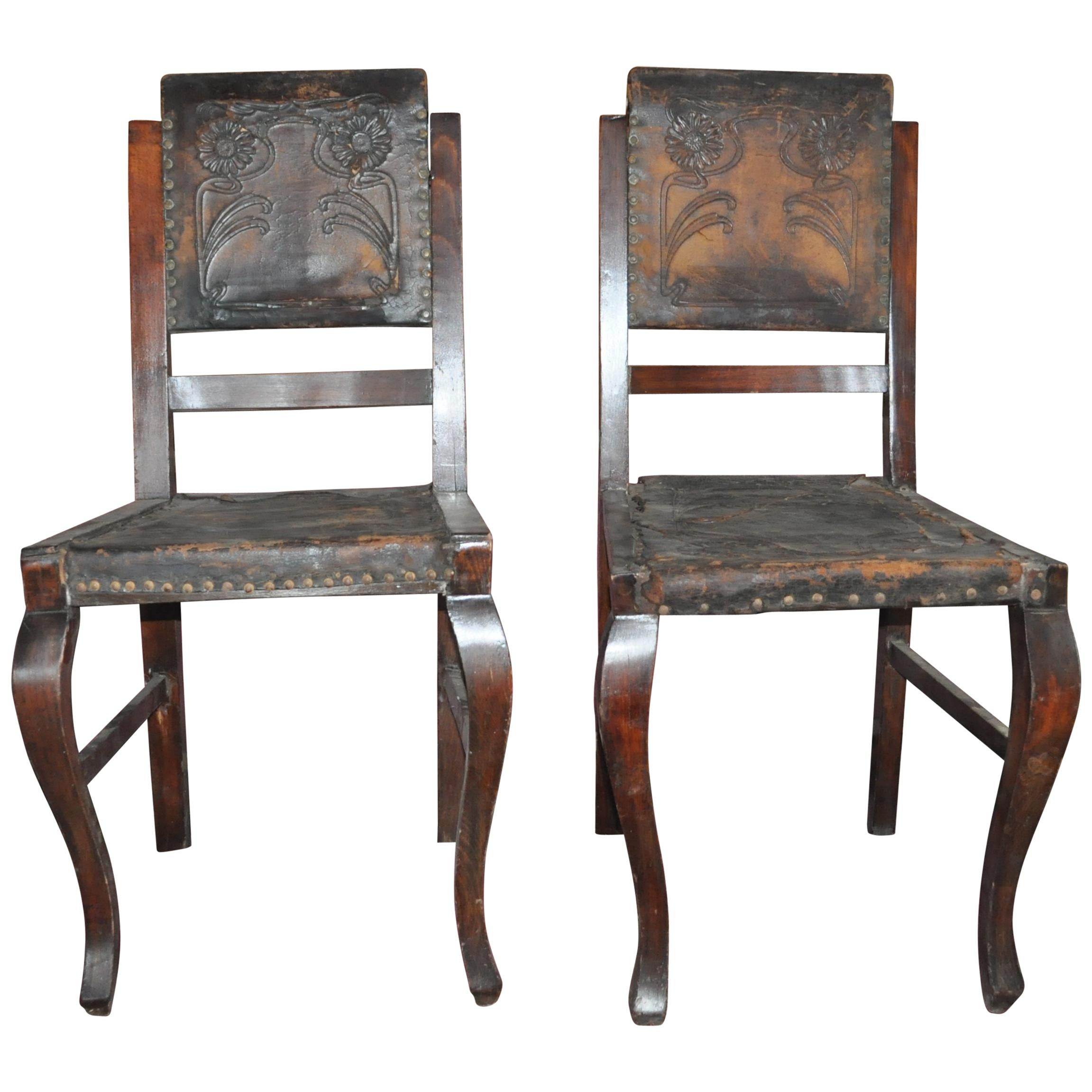 Antique Embossed Leather Dining Chairs, Pair, circa 1900 For Sale