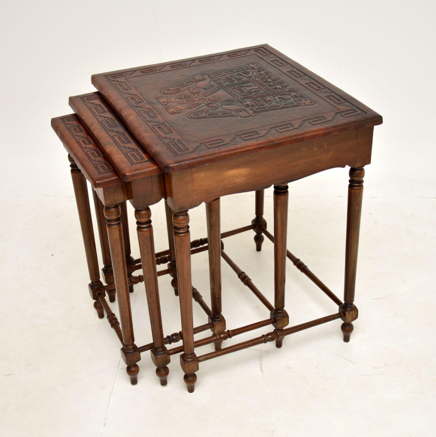 South American Antique Embossed Leather Top Nest of Tables For Sale