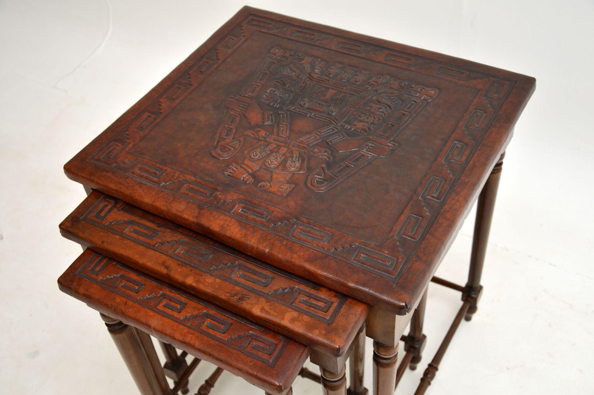 Antique Embossed Leather Top Nest of Tables For Sale 3
