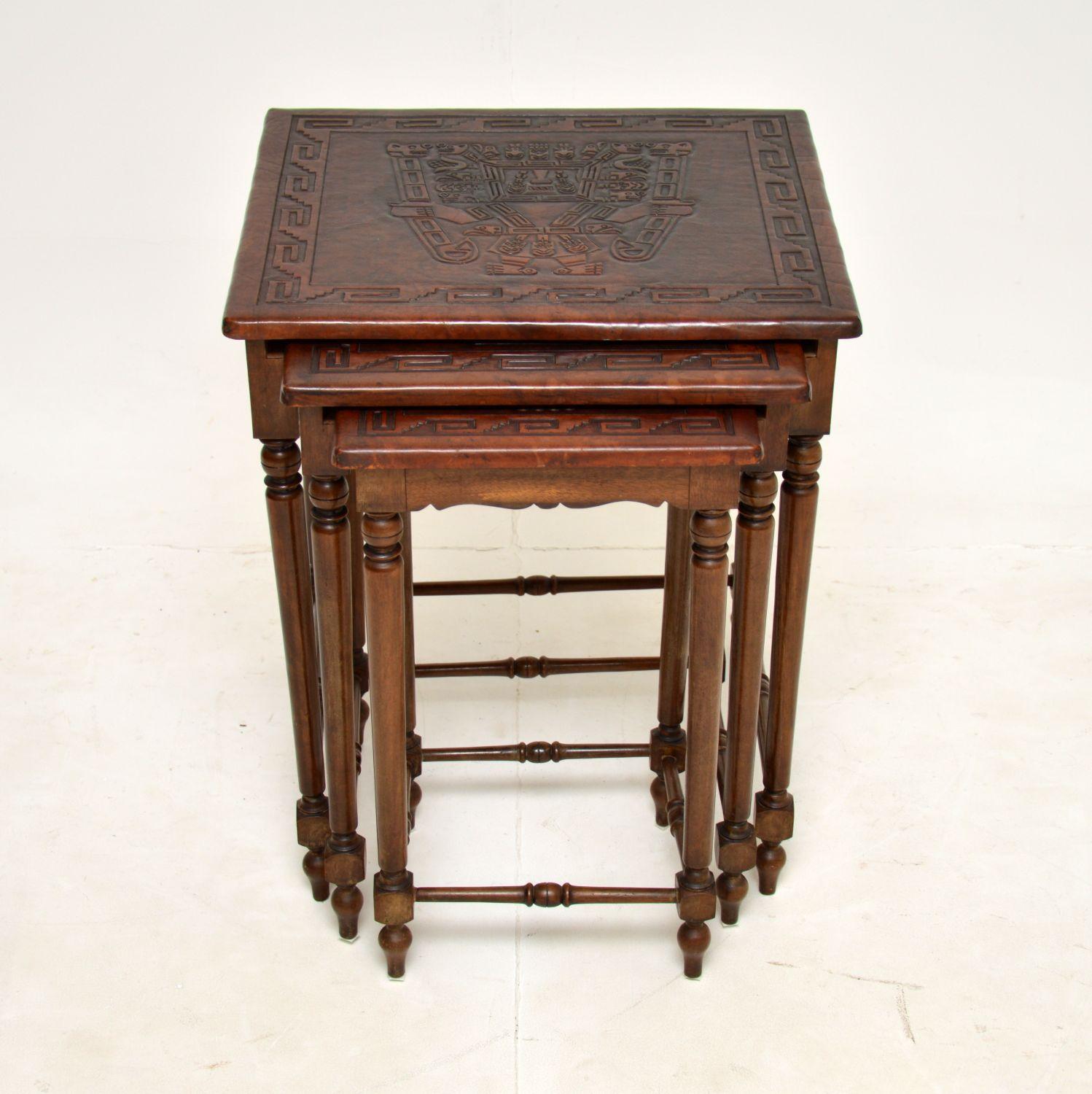 Aesthetic Movement Antique Embossed Leather Top Nest of Tables For Sale