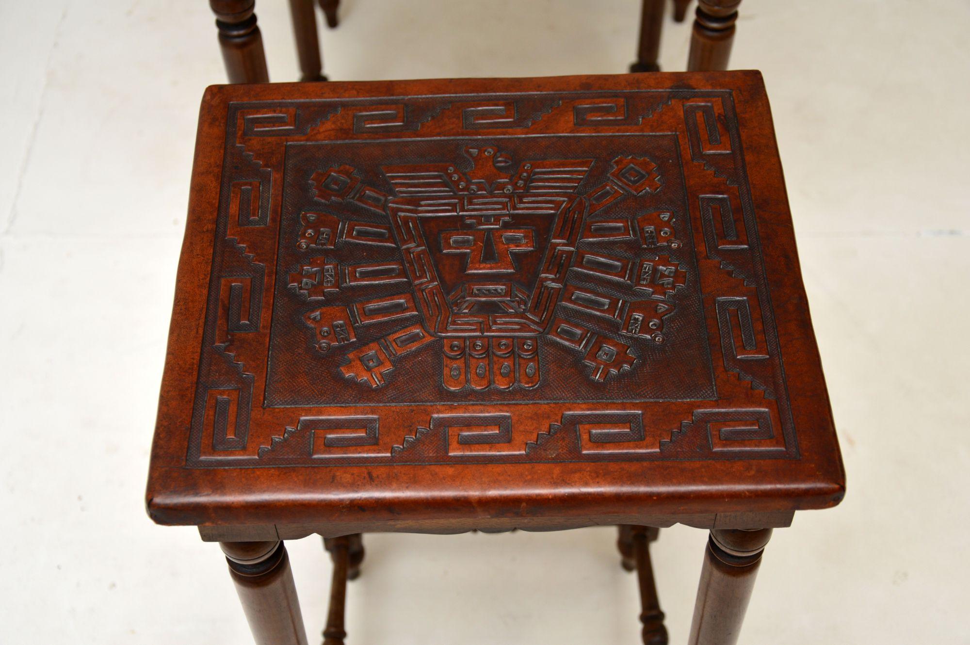 Wood Antique Embossed Leather Top Nest of Tables For Sale