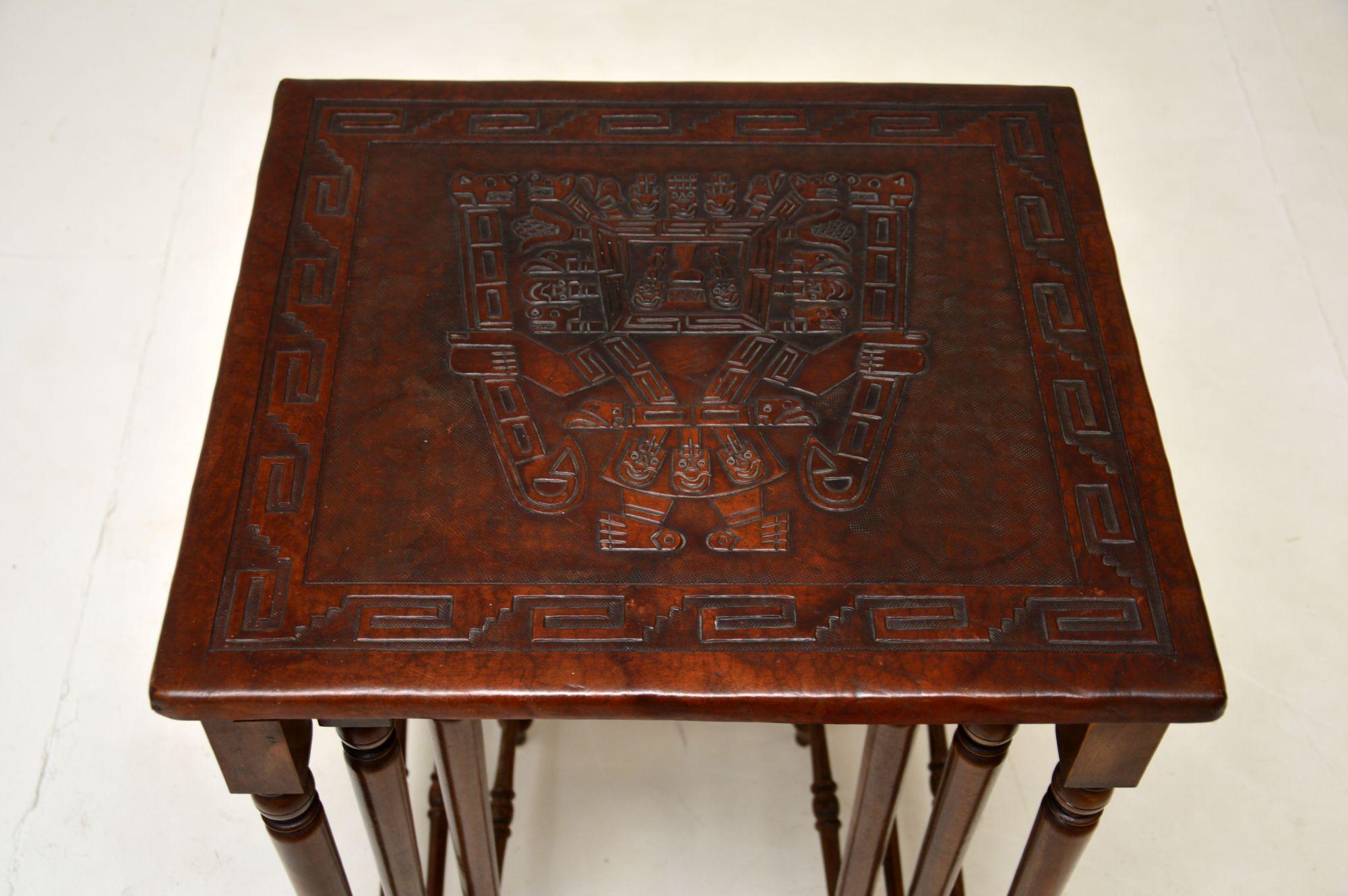 Antique Embossed Leather Top Nest of Tables For Sale 2