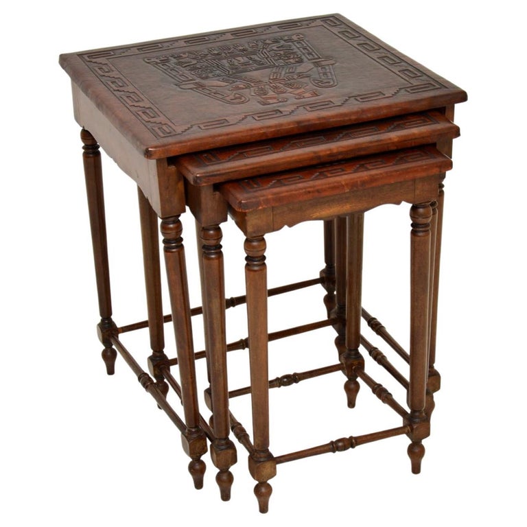 Antique Embossed Leather Top Nest of Tables For Sale at 1stDibs