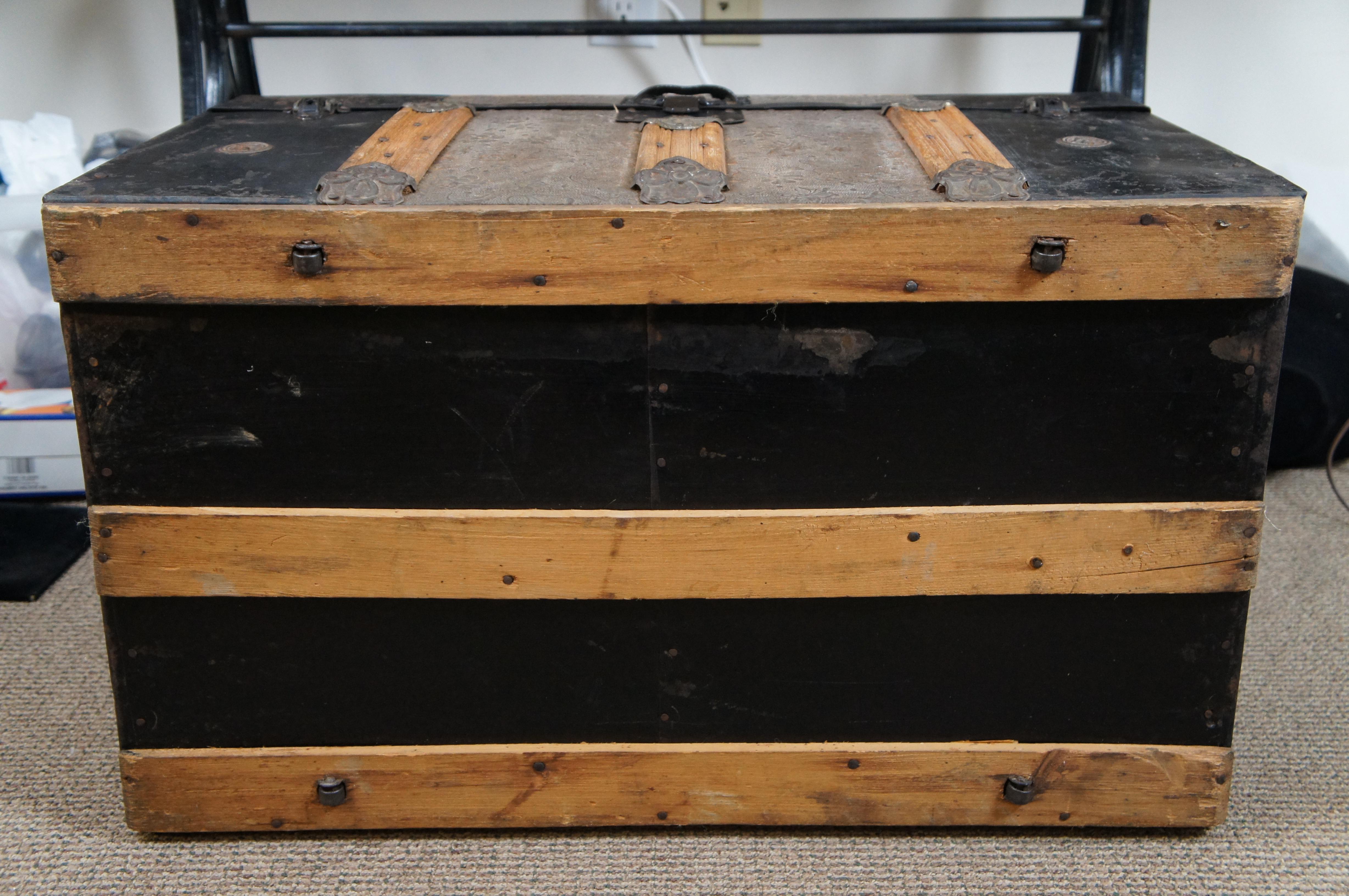 Victorian Antique Embossed Metal Oak Banded Dome Top Steamer Trunk Chest with Insert For Sale