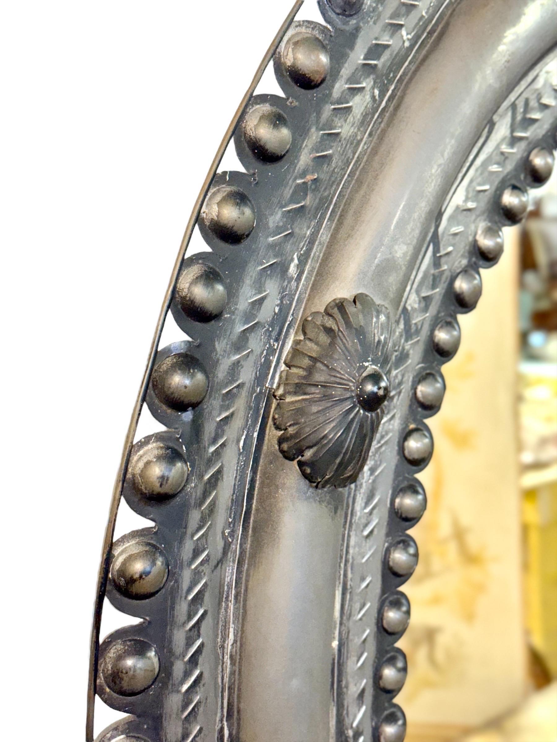 Antique Embossed Metal Oval Mirror with Cabochons and Rosettes For Sale 5