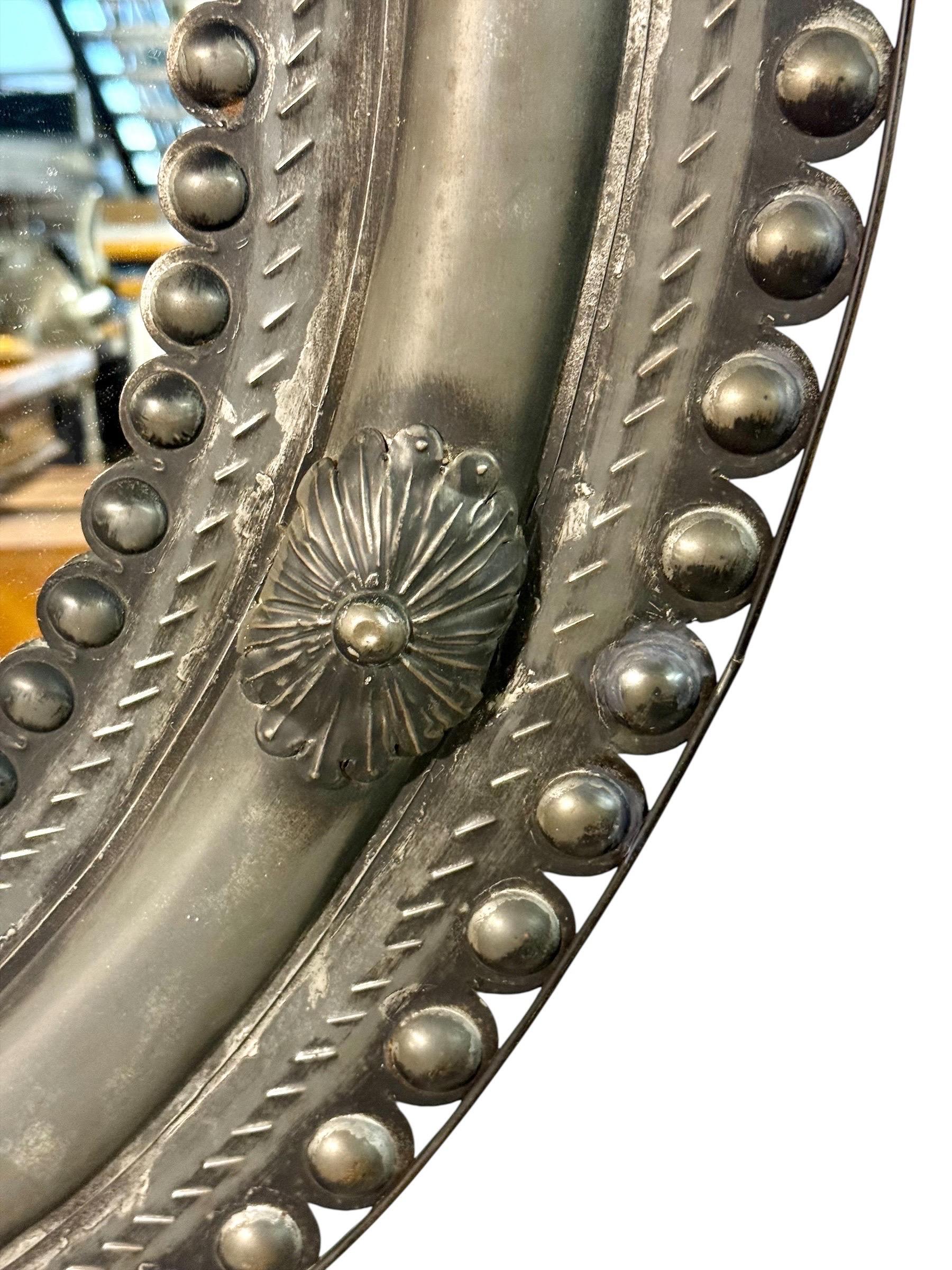 Antique Embossed Metal Oval Mirror with Cabochons and Rosettes For Sale 7