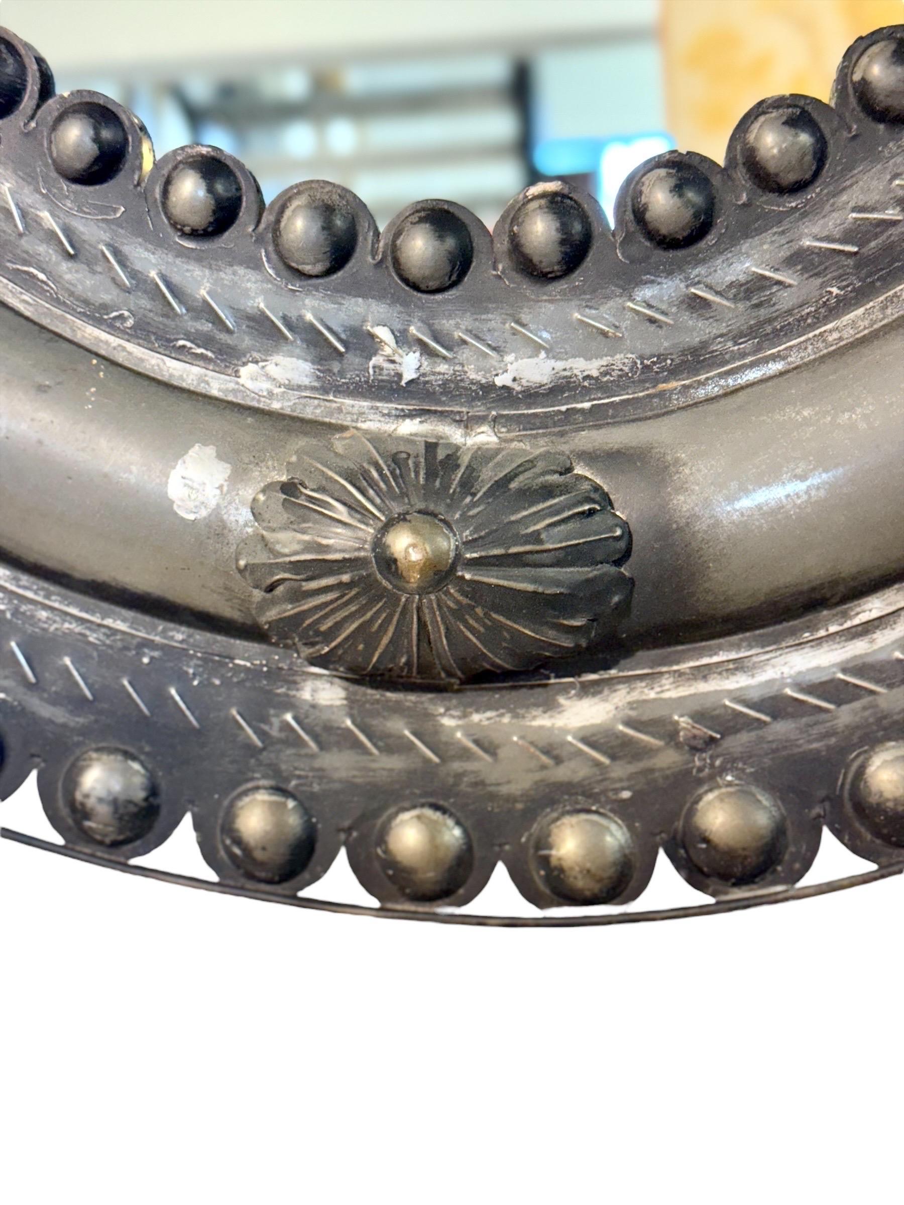 Antique Embossed Metal Oval Mirror with Cabochons and Rosettes For Sale 9