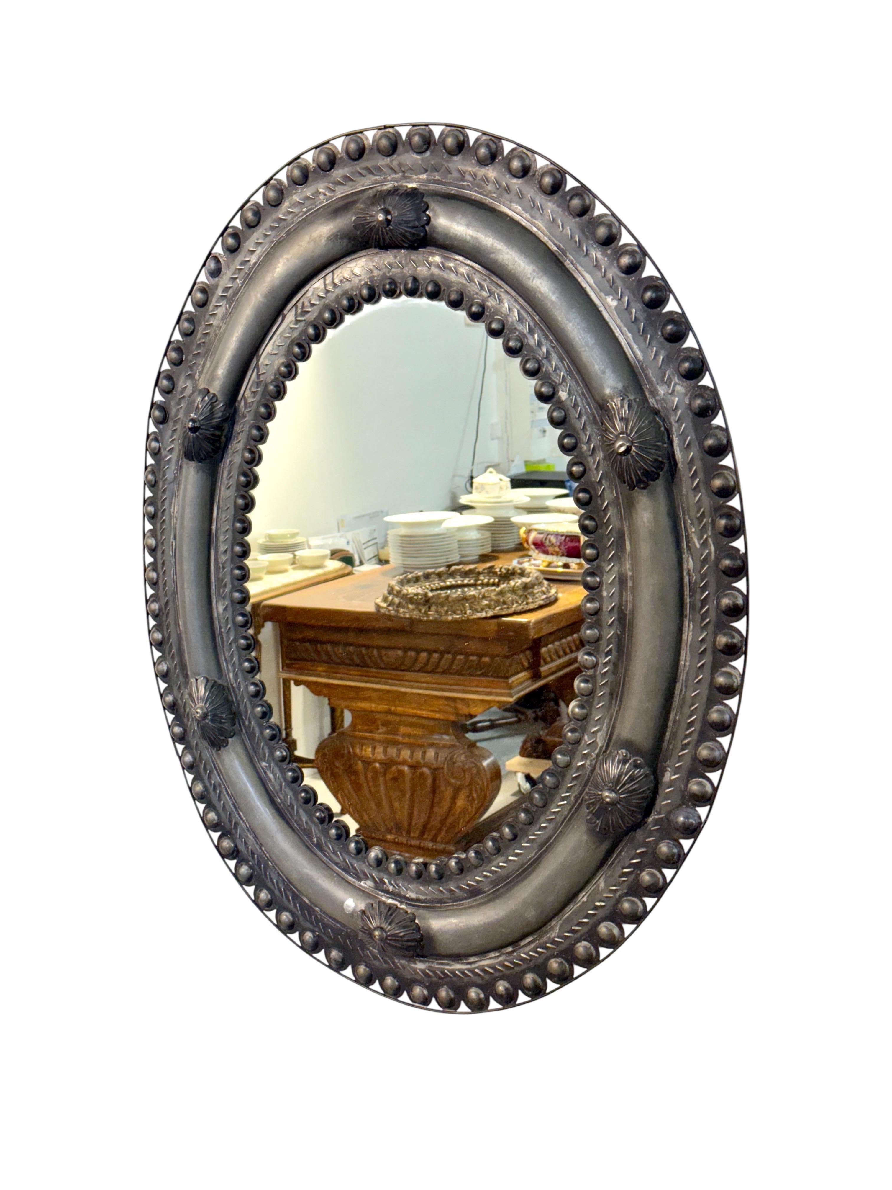 Antique Embossed Metal Oval Mirror with Cabochons and Rosettes For Sale 10