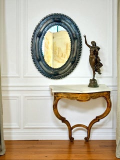 Antique Embossed Metal Oval Mirror with Cabochons and Rosettes