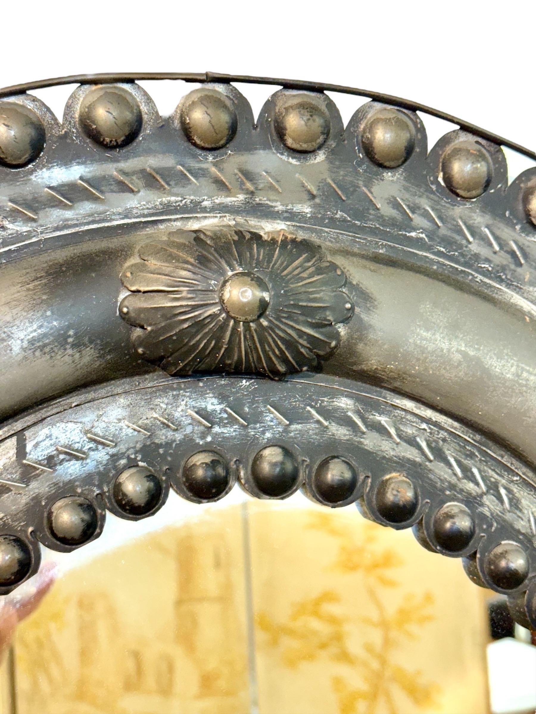 French Antique Embossed Metal Oval Mirror with Cabochons and Rosettes For Sale