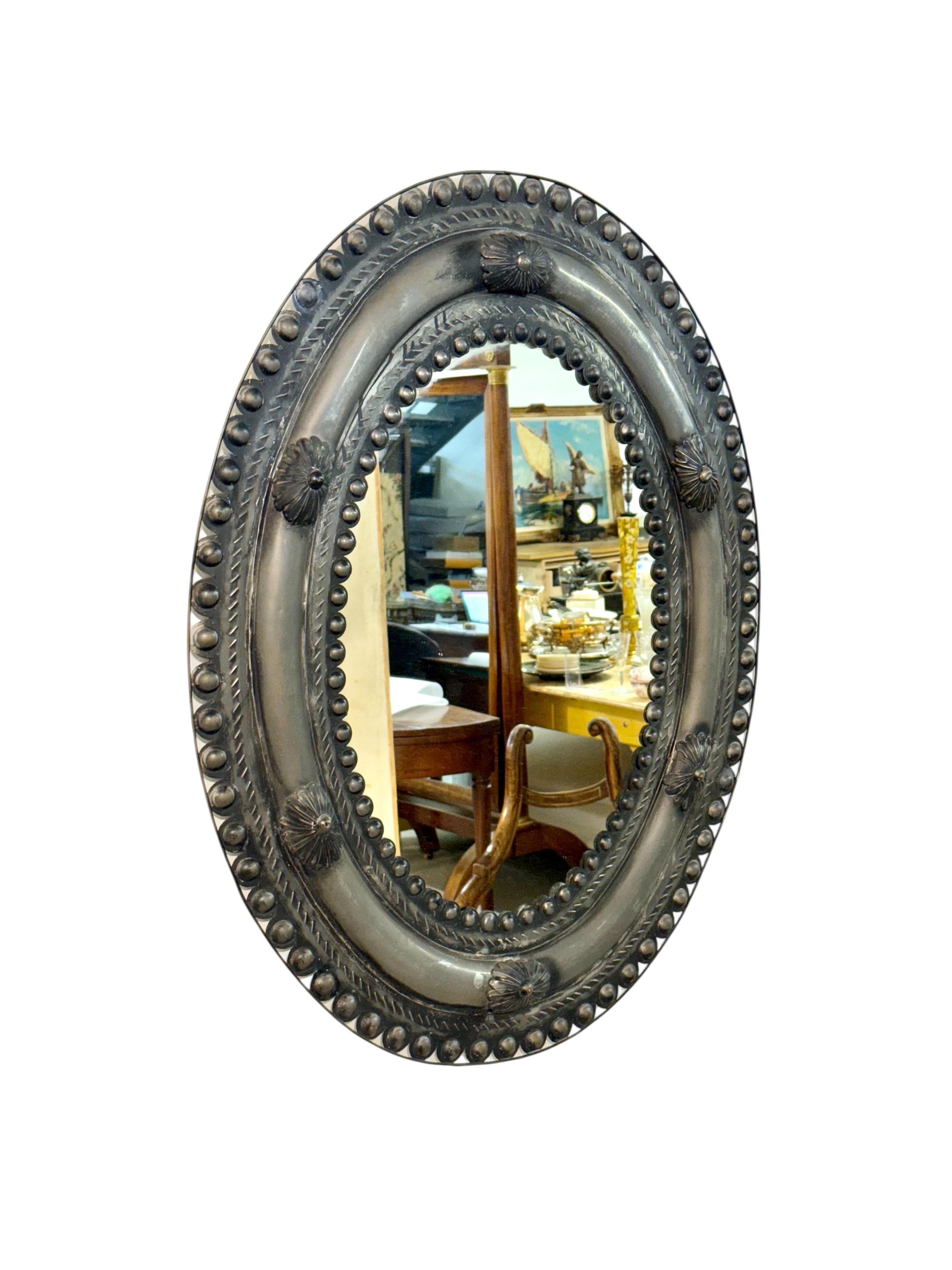 Antique Embossed Metal Oval Mirror with Cabochons and Rosettes For Sale 2