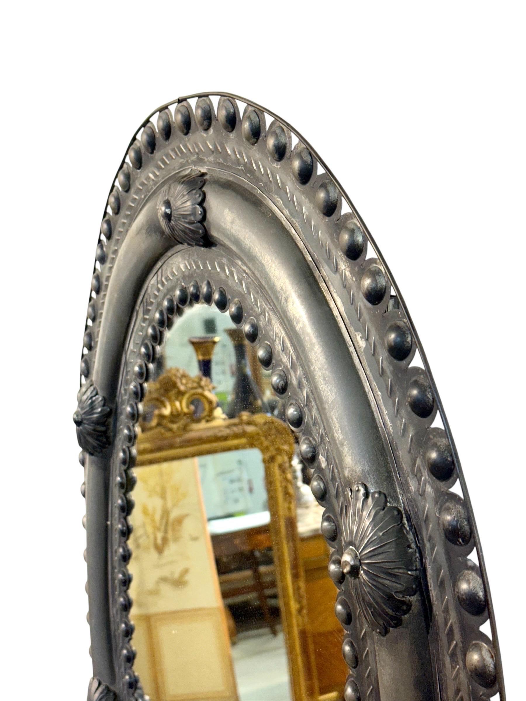 Antique Embossed Metal Oval Mirror with Cabochons and Rosettes For Sale 3