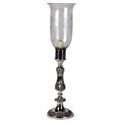 Antique Embossed Silver Plate Candlestick with Grape & Leaf Etched Shade C1890