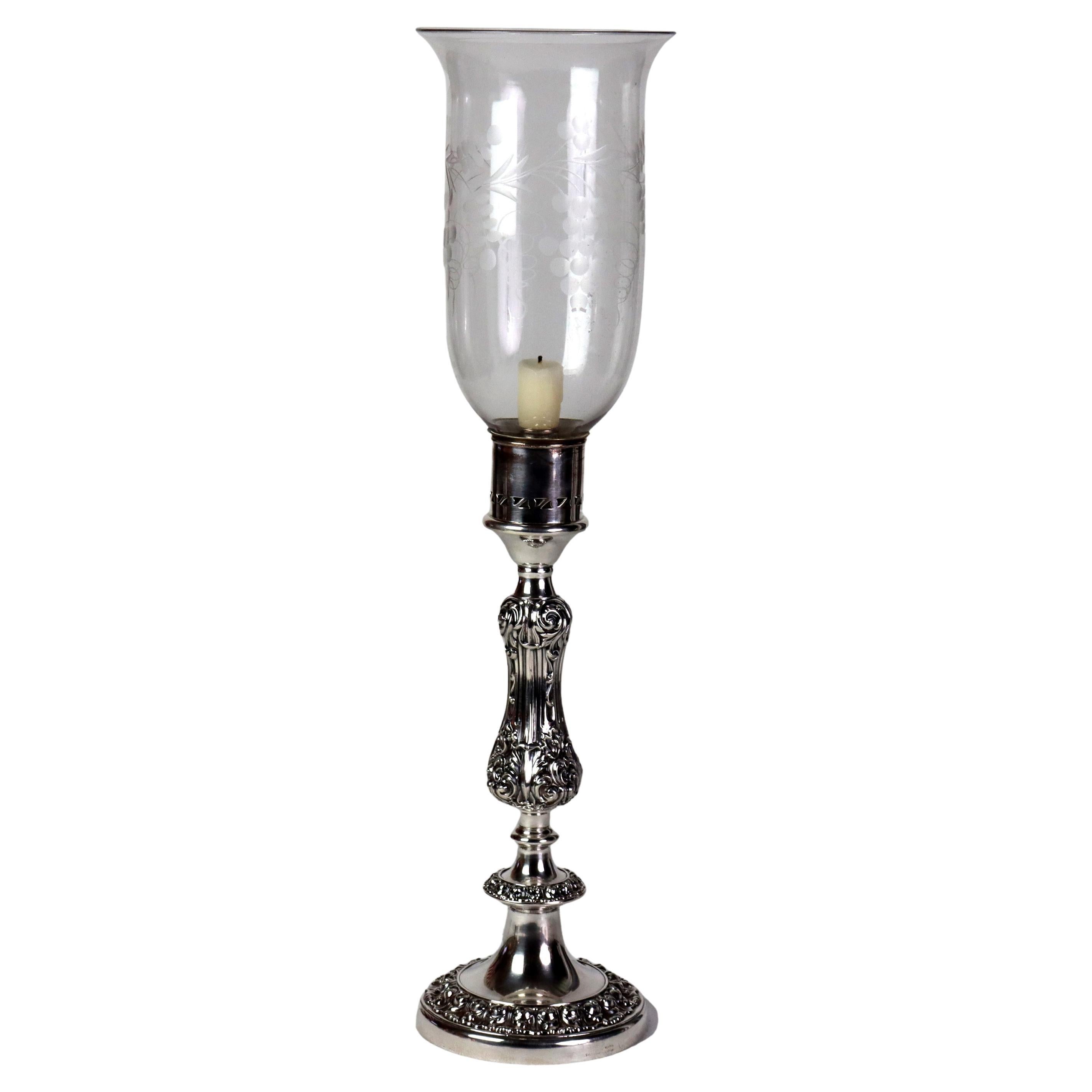 Antique Embossed Silver Plate Candlestick with Grape & Leaf Etched Shade C1890