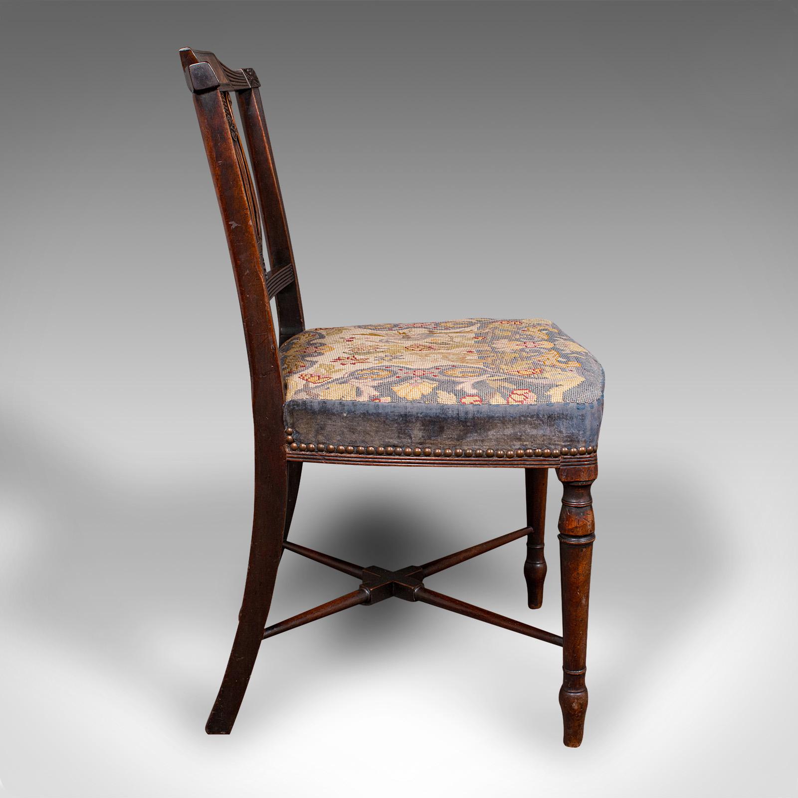 British Antique Embroidered Chair, English, Walnut, Needlepoint, Bedroom, Hall, Regency For Sale
